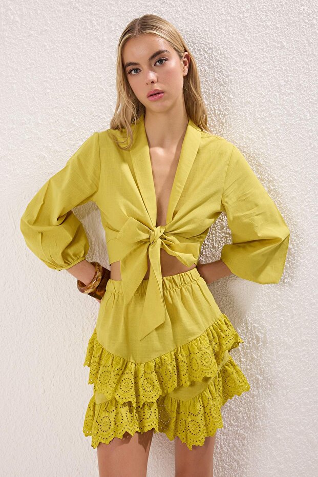 Trendyol Green Crop Tie Flared Cotton Beach Blouse