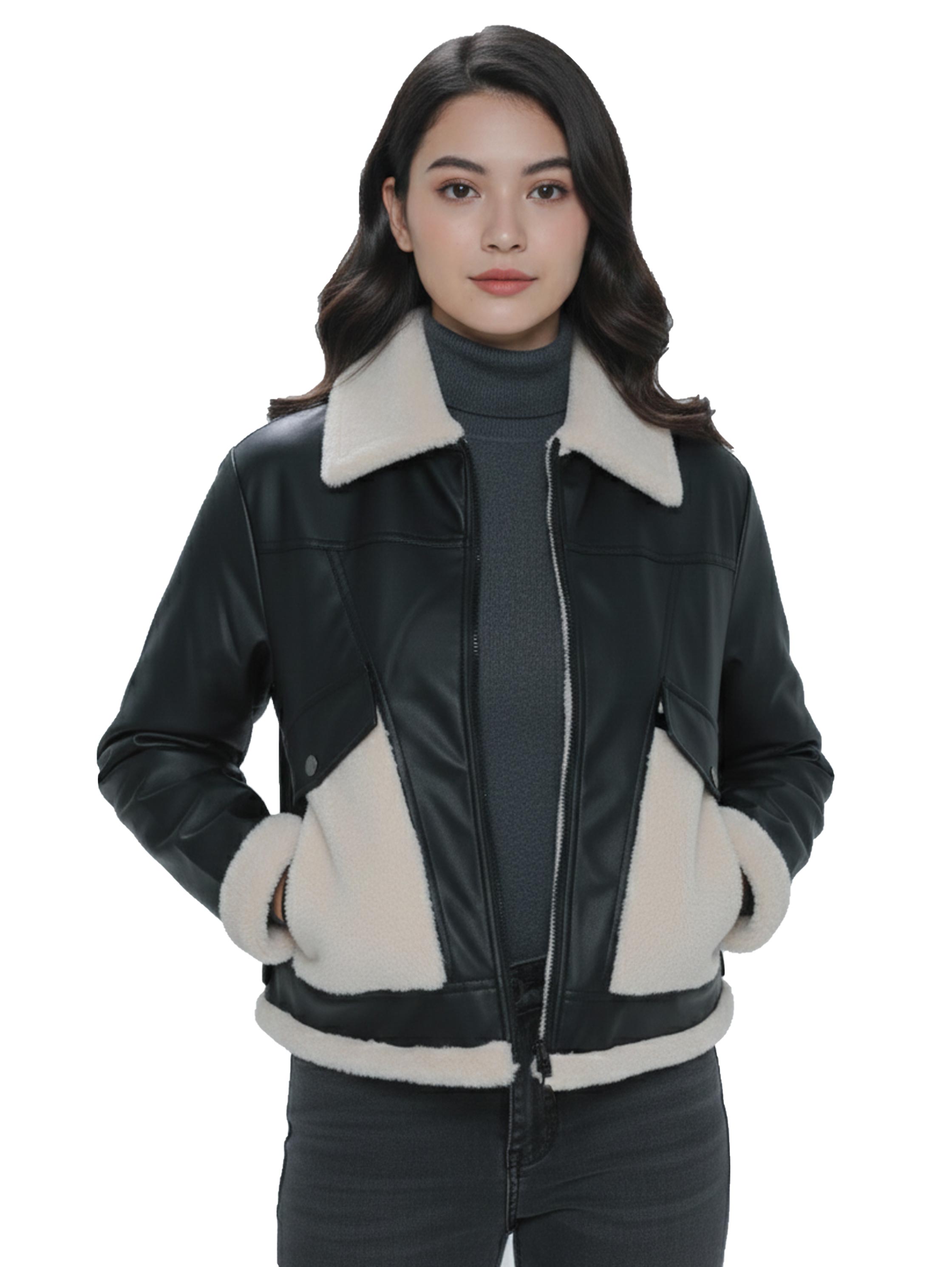 Black Leather Jacket With white Fure Design