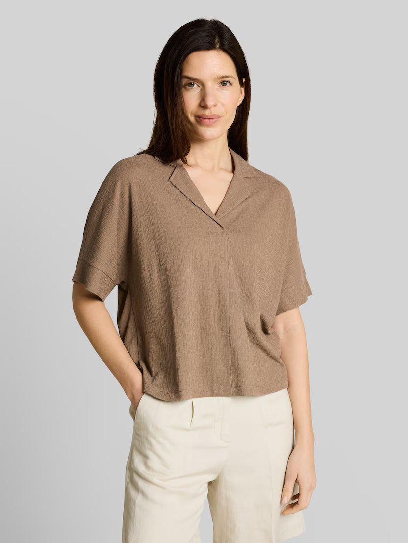 Tom Tailor Taupe Grey Loose Fit T-Shirt With Lapel Collar