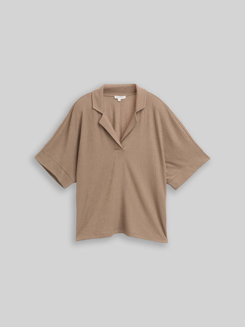 Tom Tailor Taupe Grey Loose Fit T-Shirt With Lapel Collar
