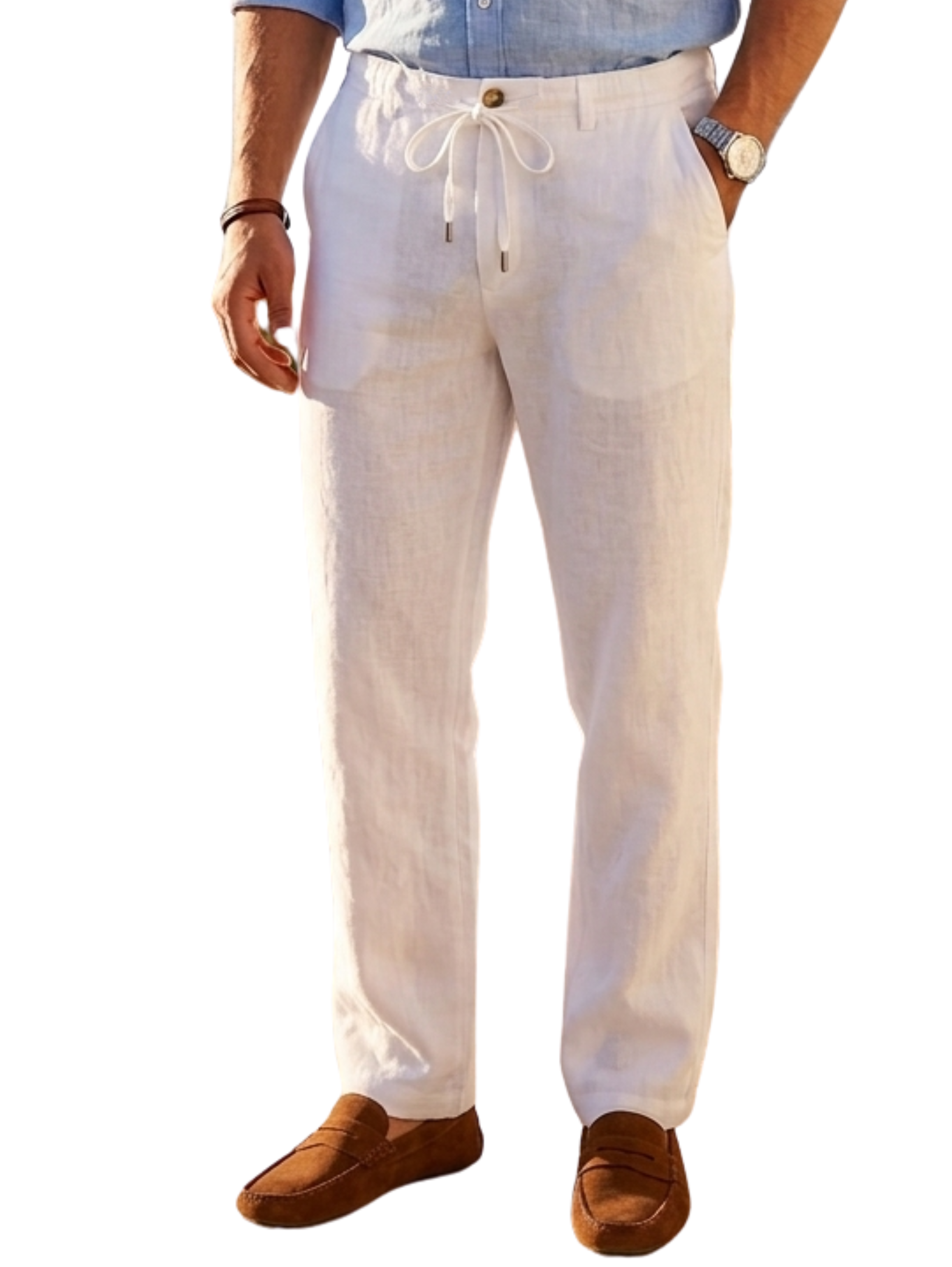 Casual Summer White Linen Drawstring Pants