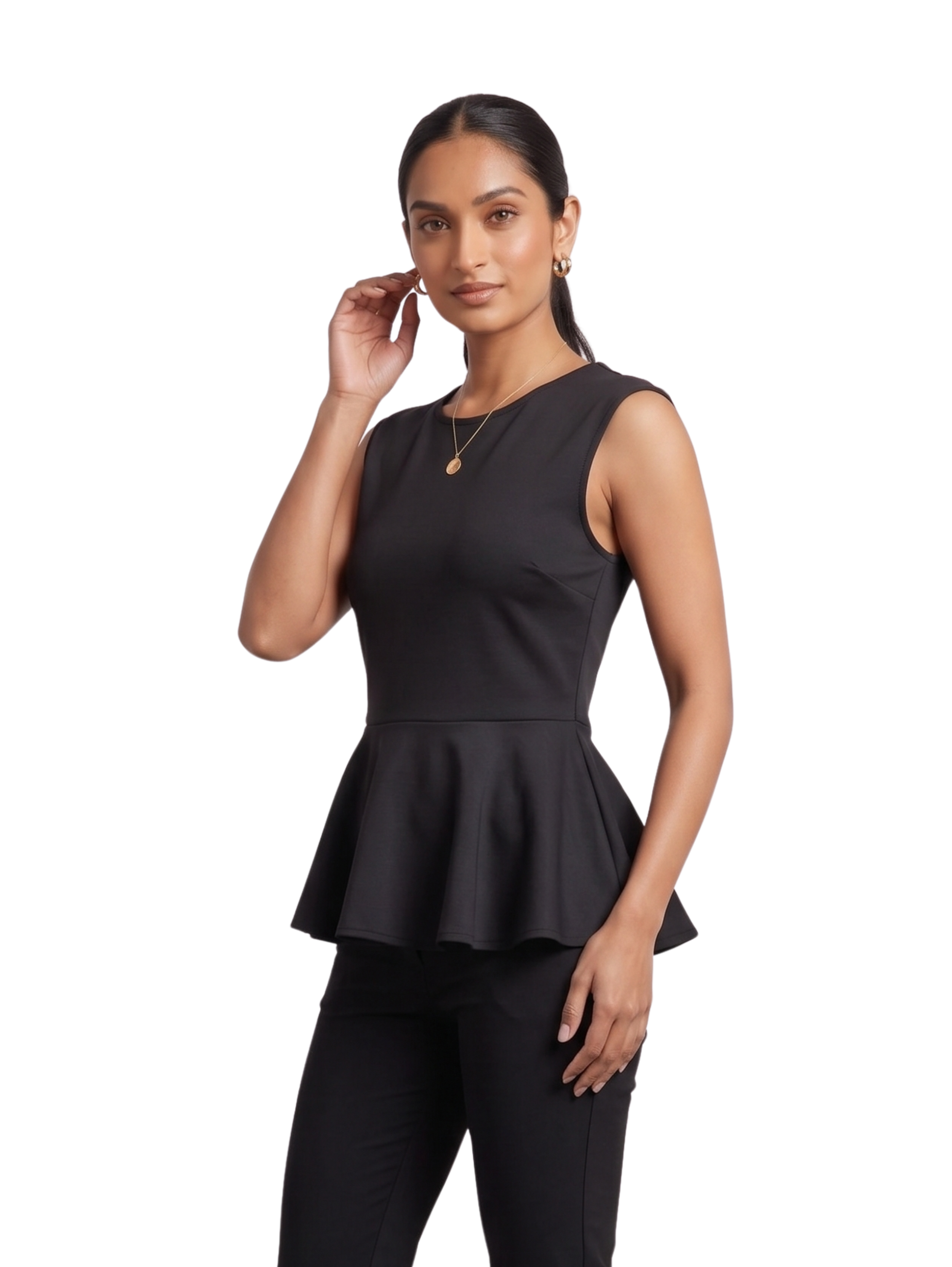 Black Sleeveless Peplum Top With Round Crew neckline