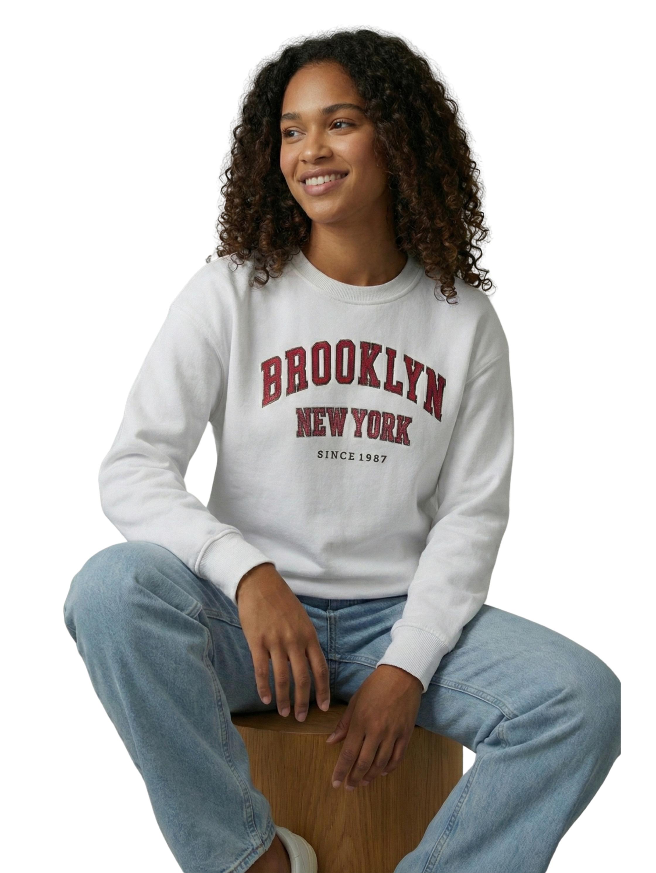 Long Sleeve Fleeced White Pullover with Front Print Design