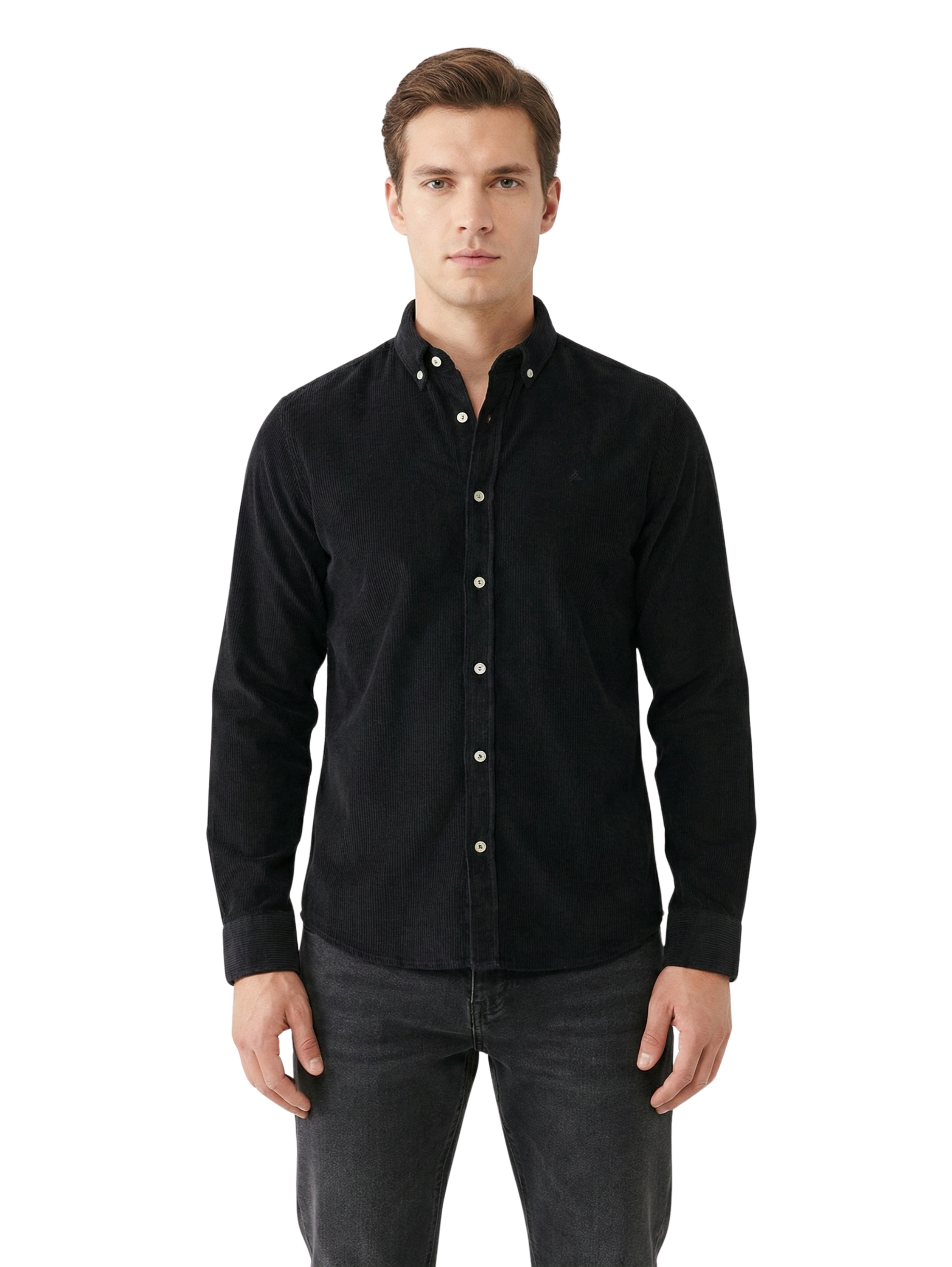 Black Buttoned Ribbed Velvet Shirt