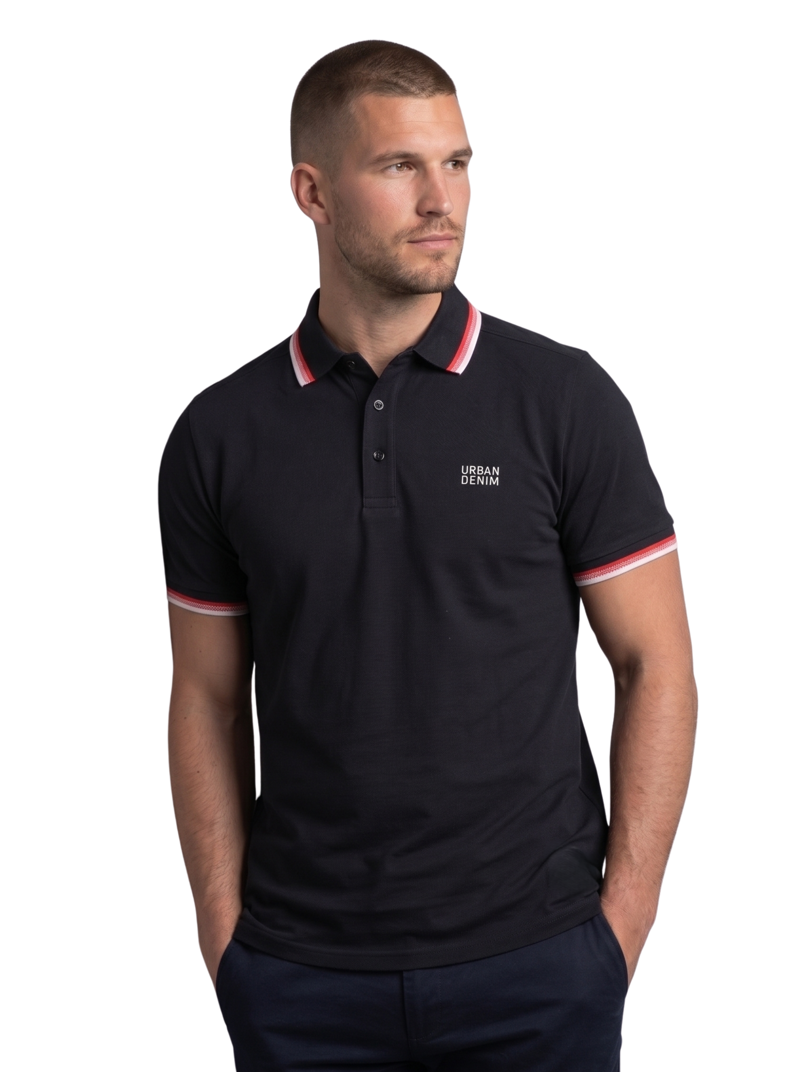 Black Slim Fit Polo With Red & White Striped Collar