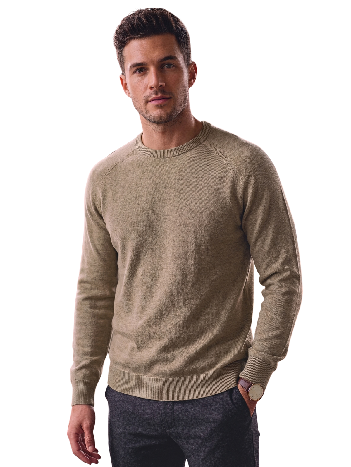 D.Beige Crewneck And Long Sleeved Pullover