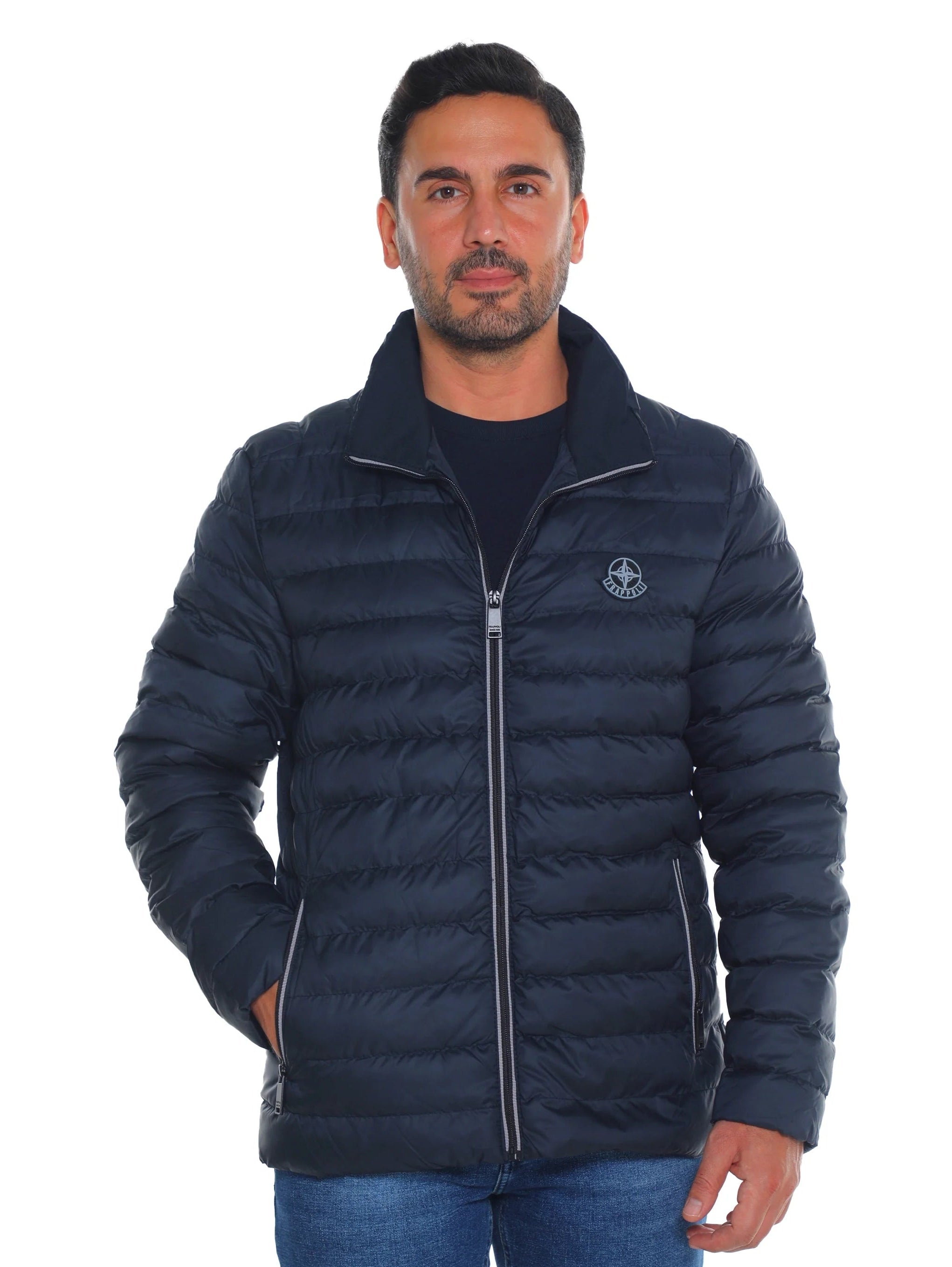 Navy Puffer Jacket with Zippered Closable Side Pockets