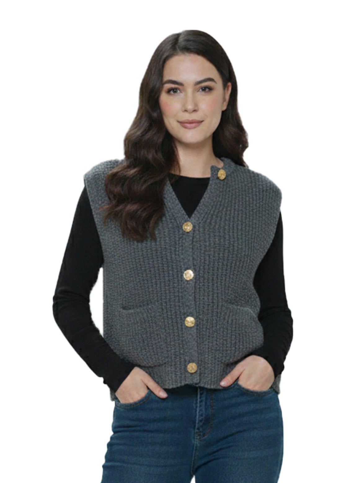 Grey Buttoned Knitwear Vest With Attached Pocket
