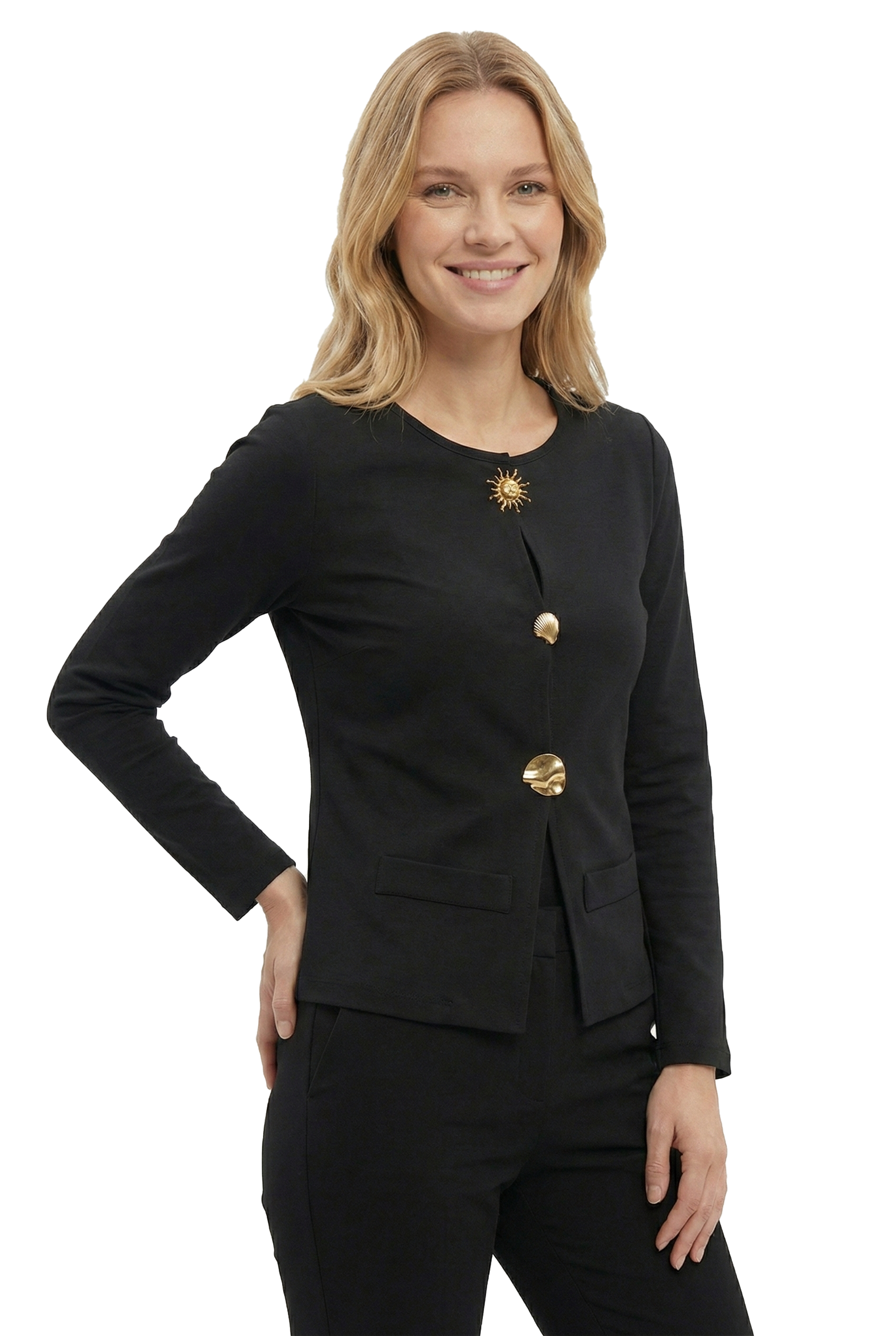 Long Sleeved Black Pullover With Button Front Design