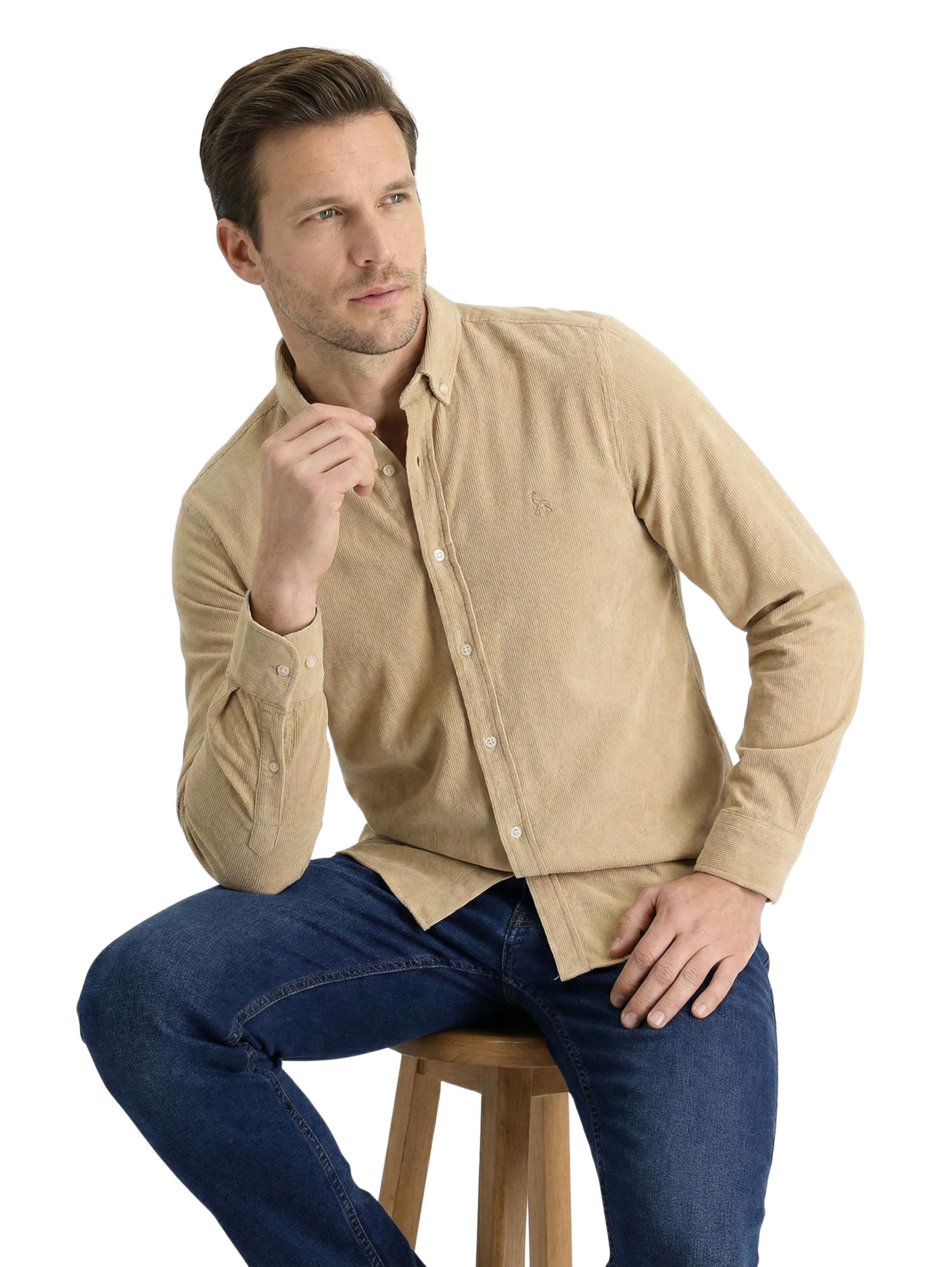 Beige Buttoned Ribbed Velvet Shirt