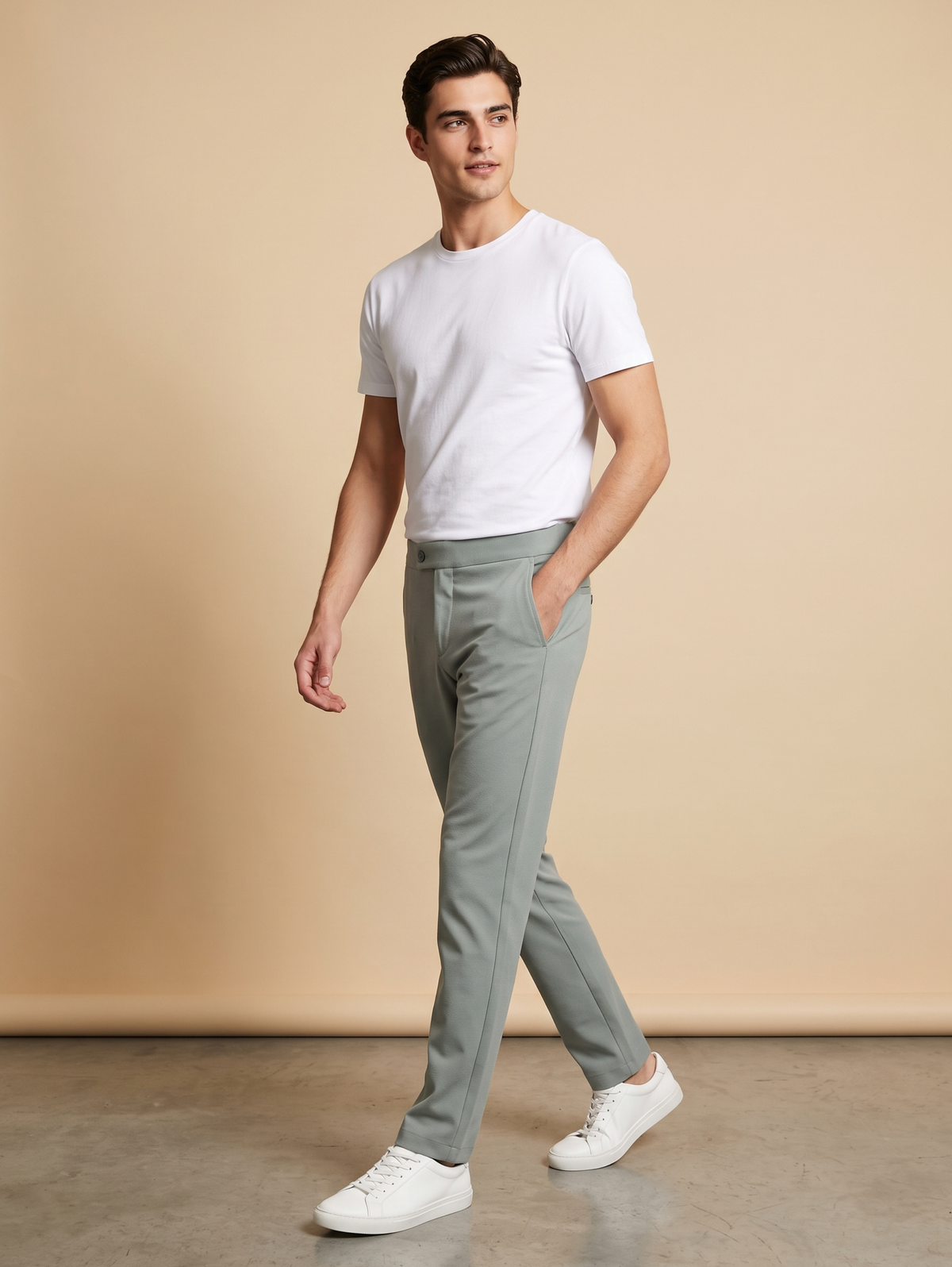 Dark Grey Slim Straight Single Button Closure Pant With Back Elastic Waistband
