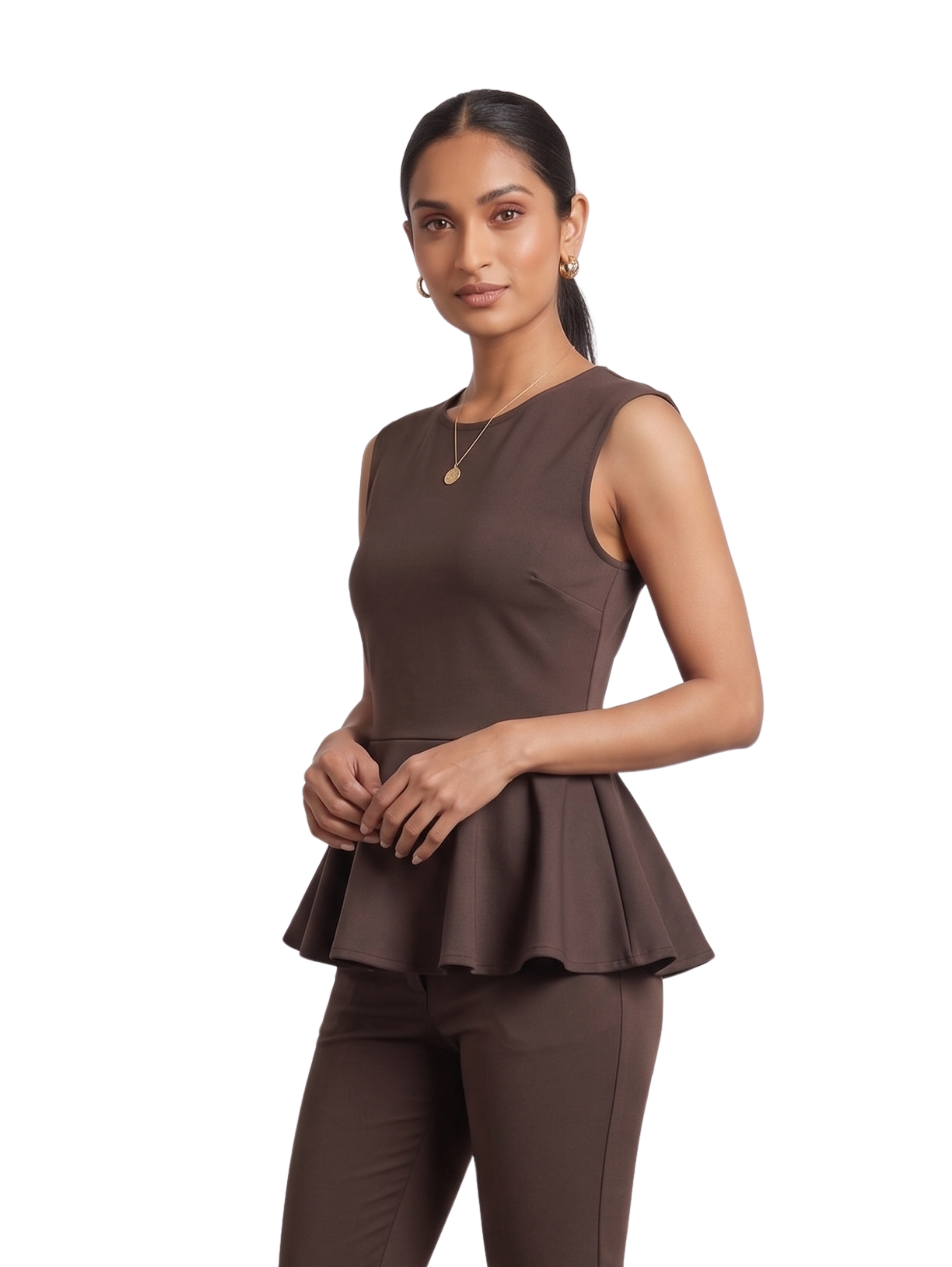 Brown Sleeveless Peplum Top With Round Crew neckline