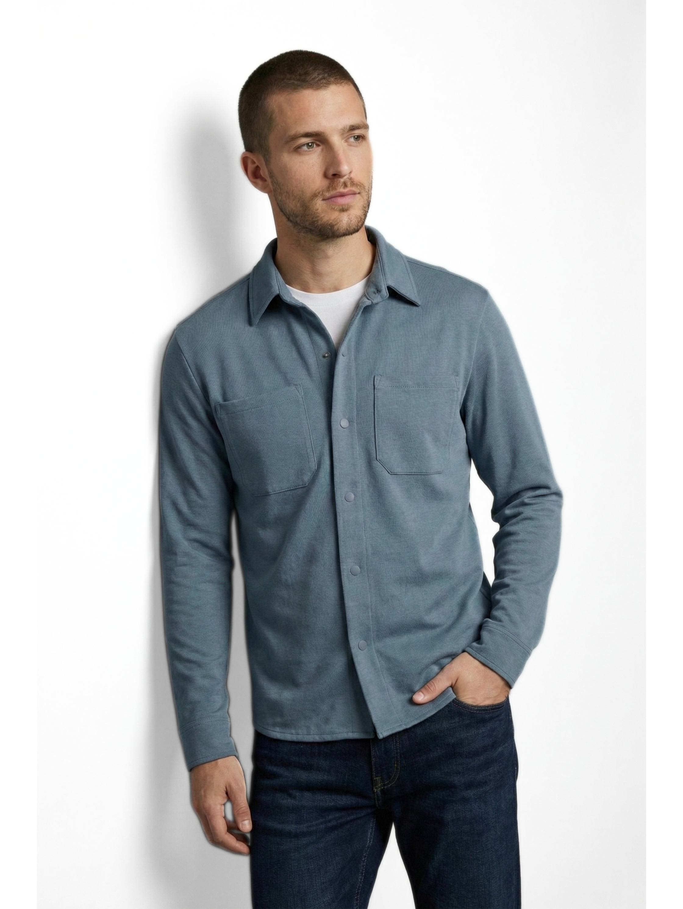 Long Sleeve Buttoned Petrol Shirt With Chest Attached Pockets