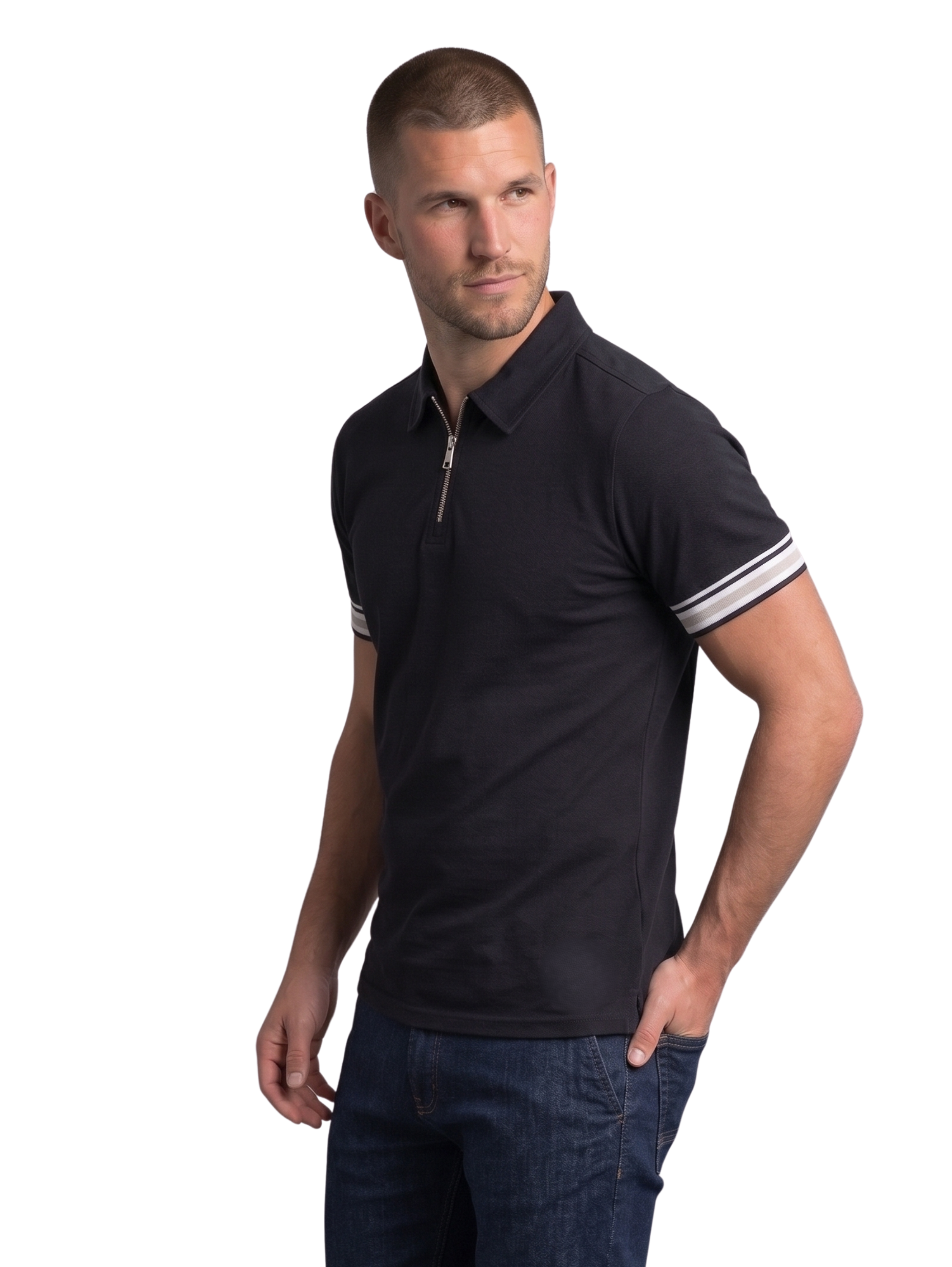 Black Slim Fit Short Sleeved Polo With Zipper