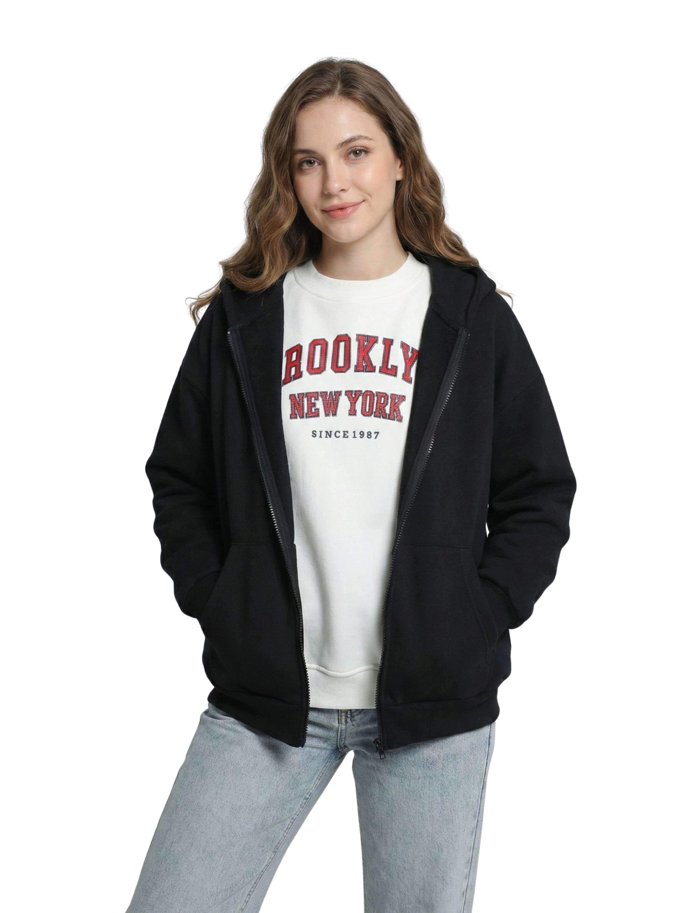 Long Sleeve Fleeced Black Jacket With Zipper To Close