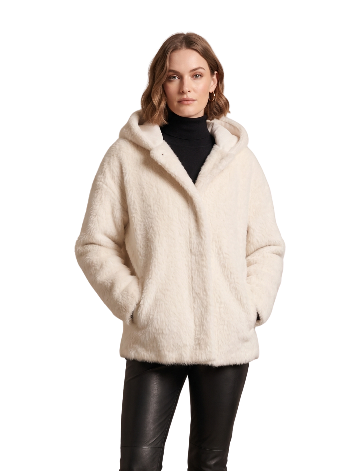 White Shaggy Fur Hooded Zip Up Jacket
