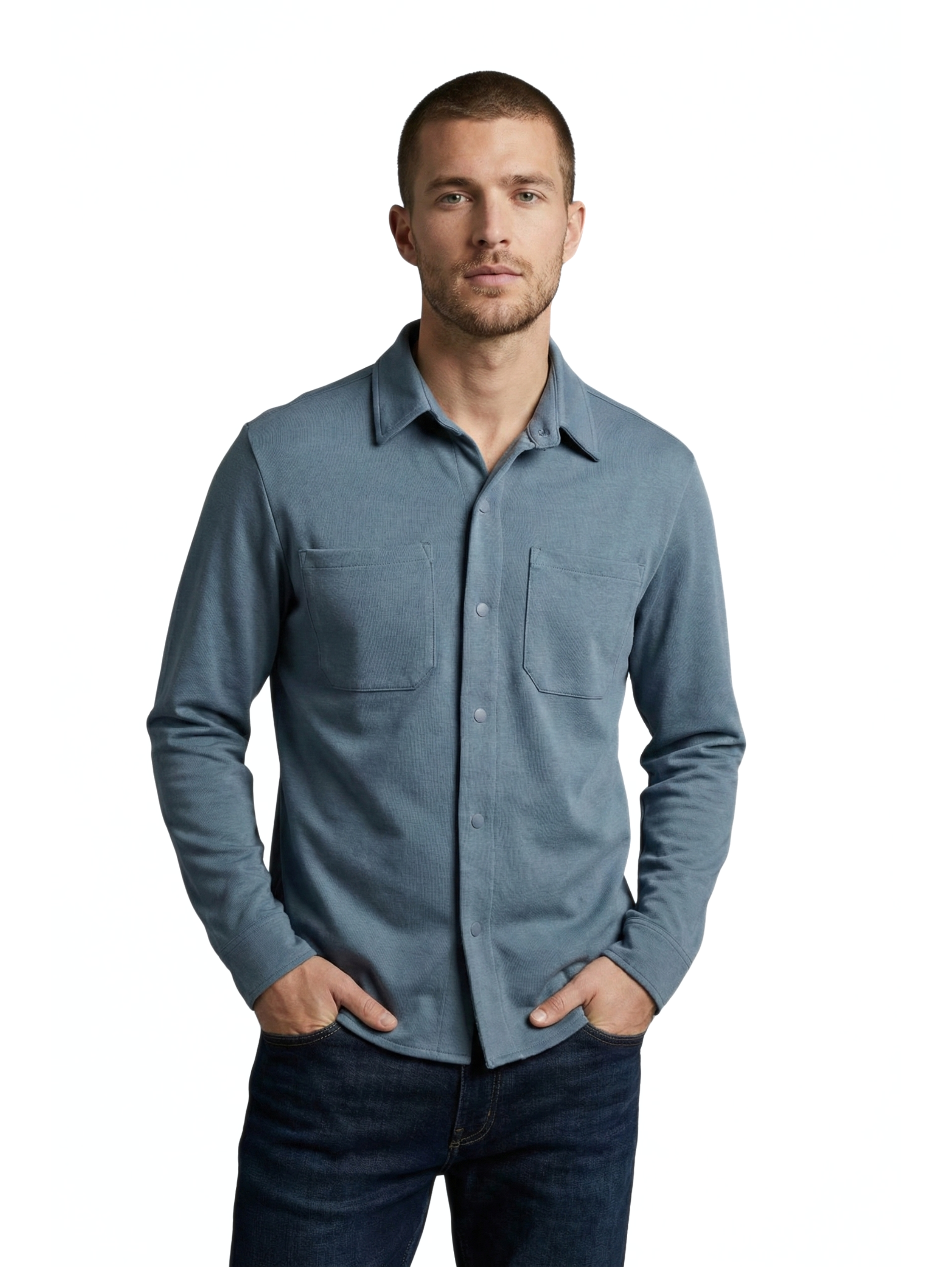 Long Sleeve Buttoned Petrol Shirt With Chest Attached Pockets