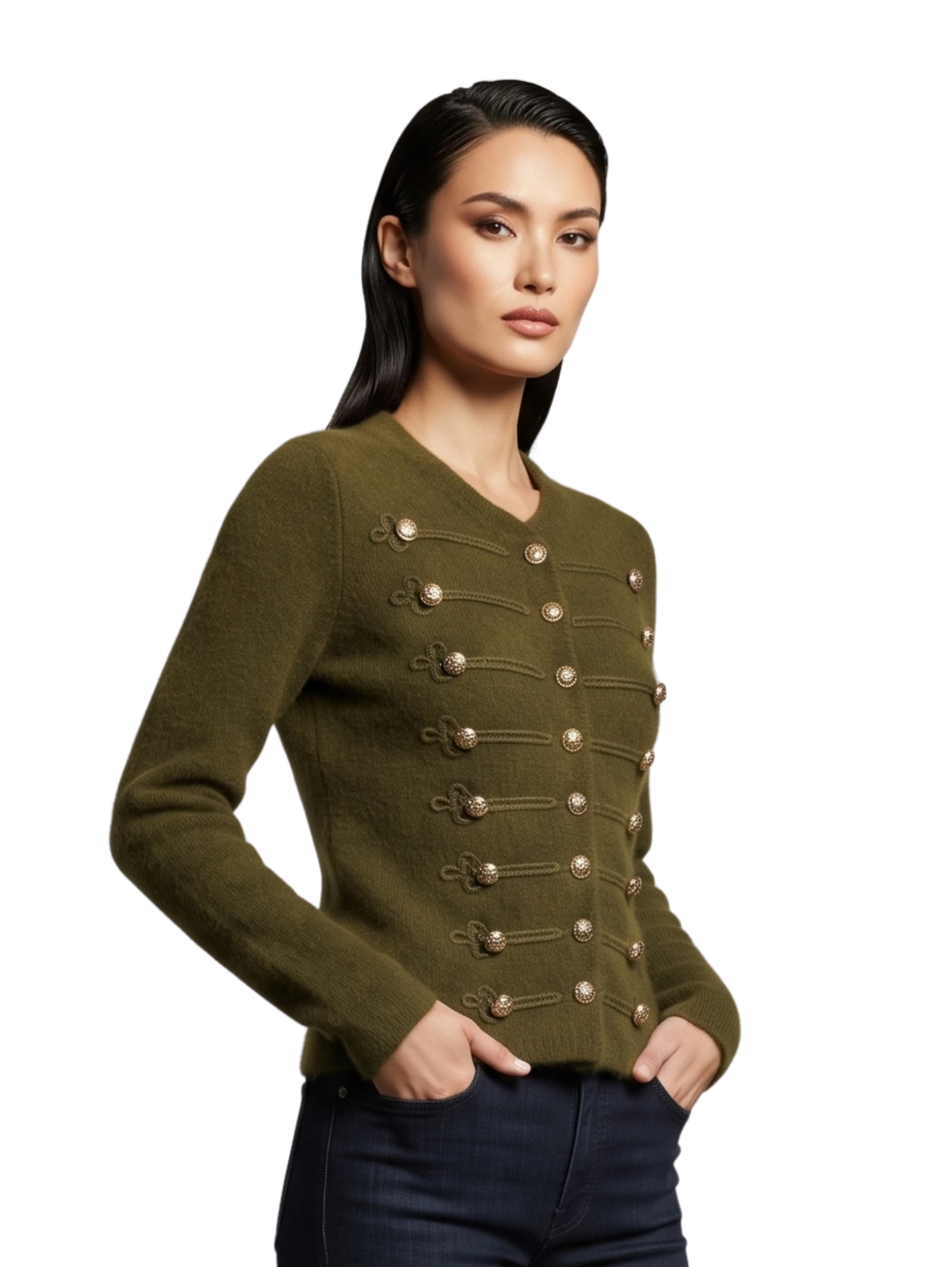 Khaki Military-Style Crewneck Pullover