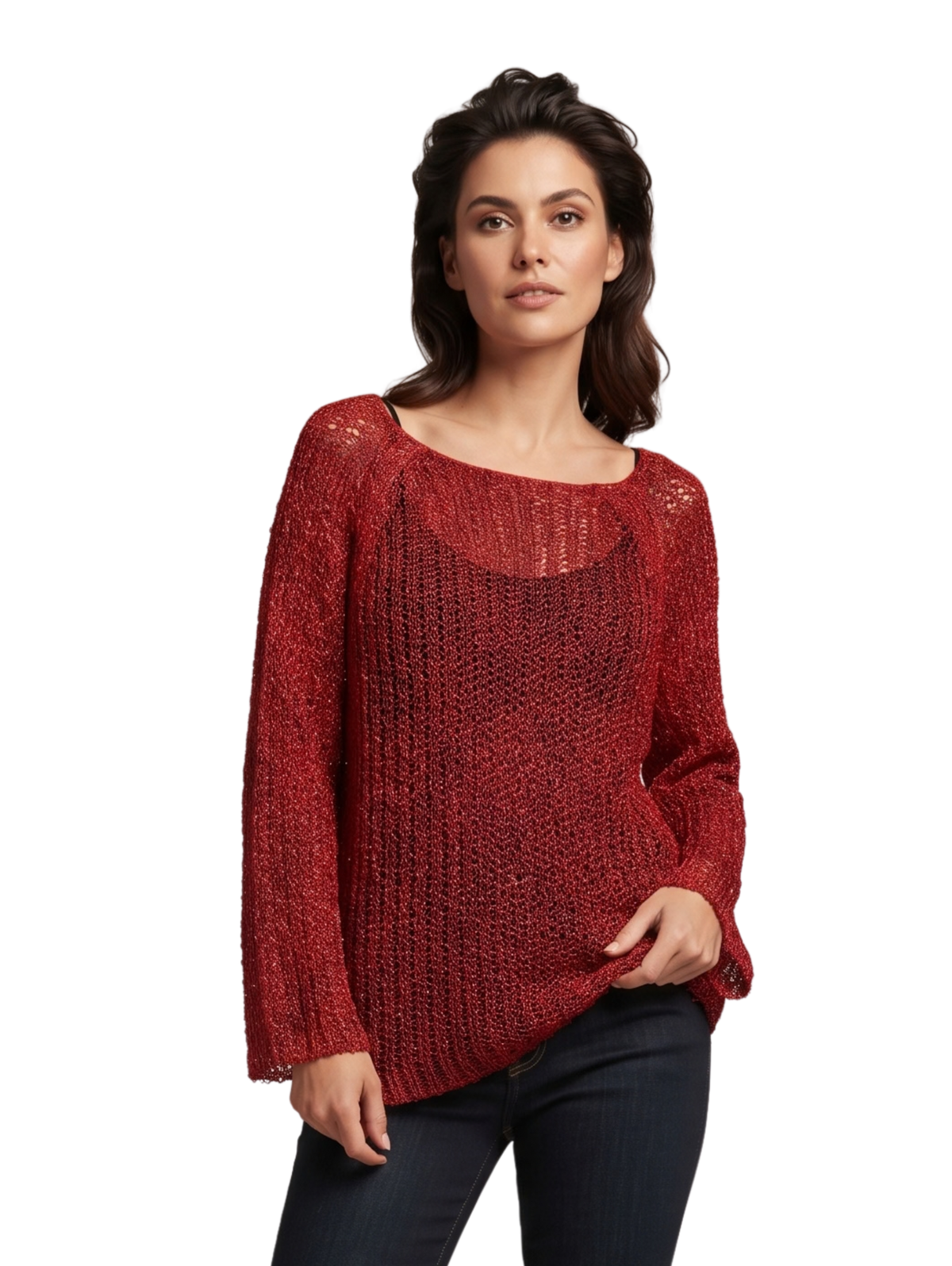 Red Wide Round Neckline Pullover