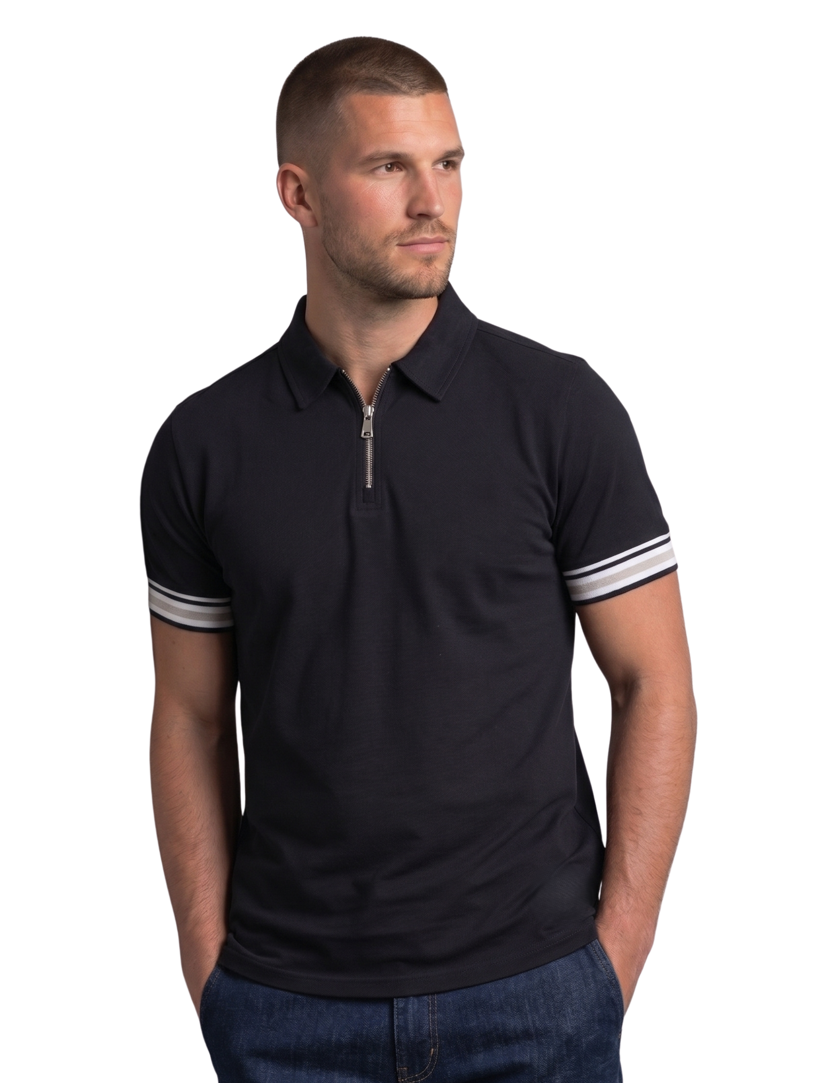 Black Slim Fit Short Sleeved Polo With Zipper