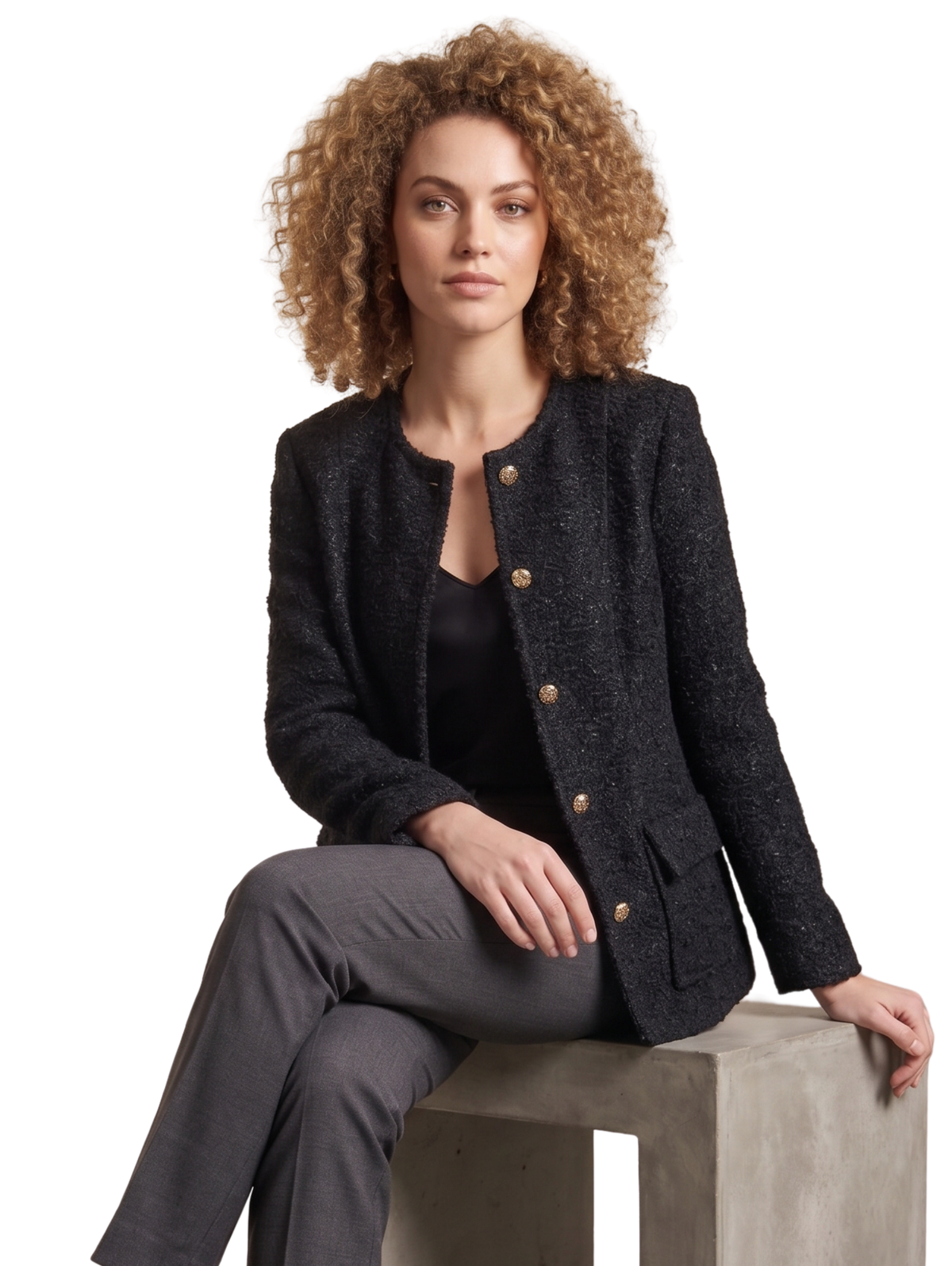 Black Woven Textured Collarless Button Up Jacket