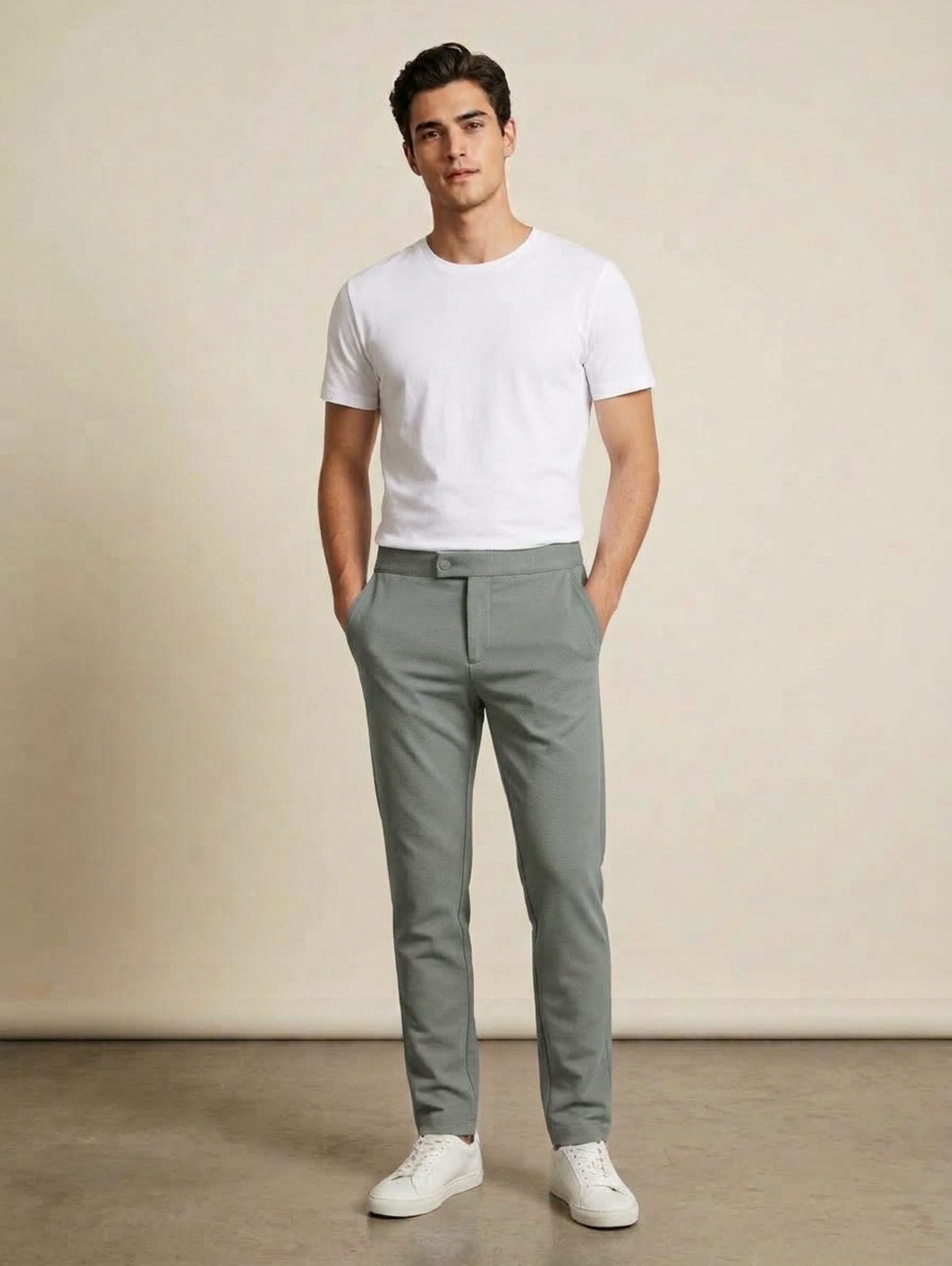 Dark Grey Slim Straight Single Button Closure Pant With Back Elastic Waistband