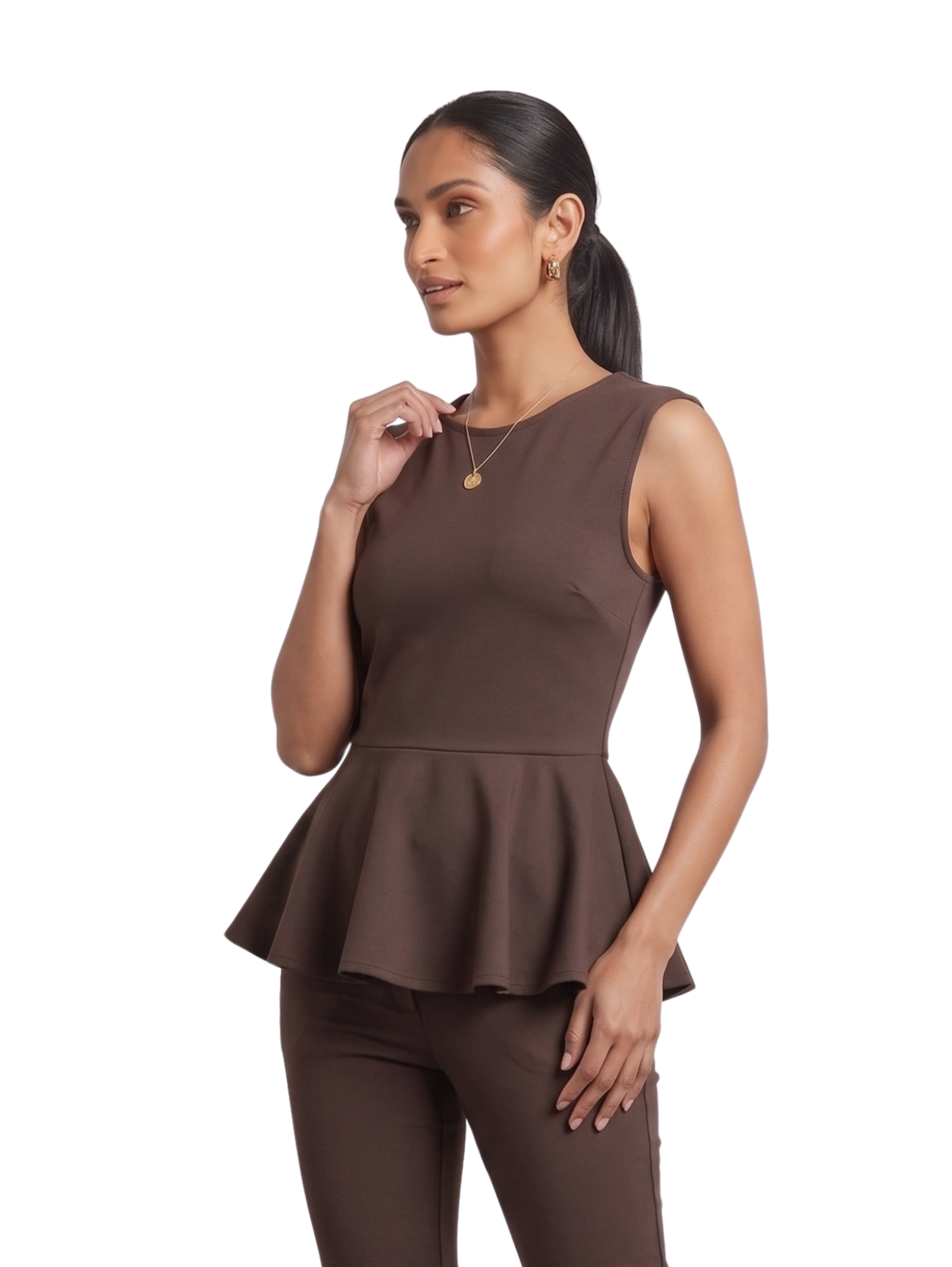 Brown Sleeveless Peplum Top With Round Crew neckline