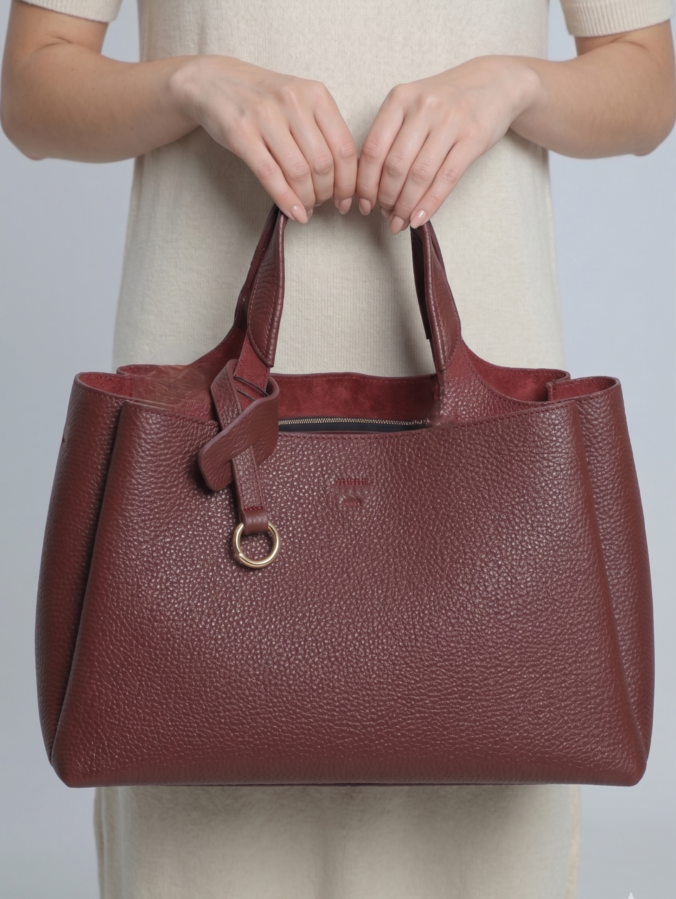 Wine Medium Size Shoulder Bag Crafted From Pebbled Leather