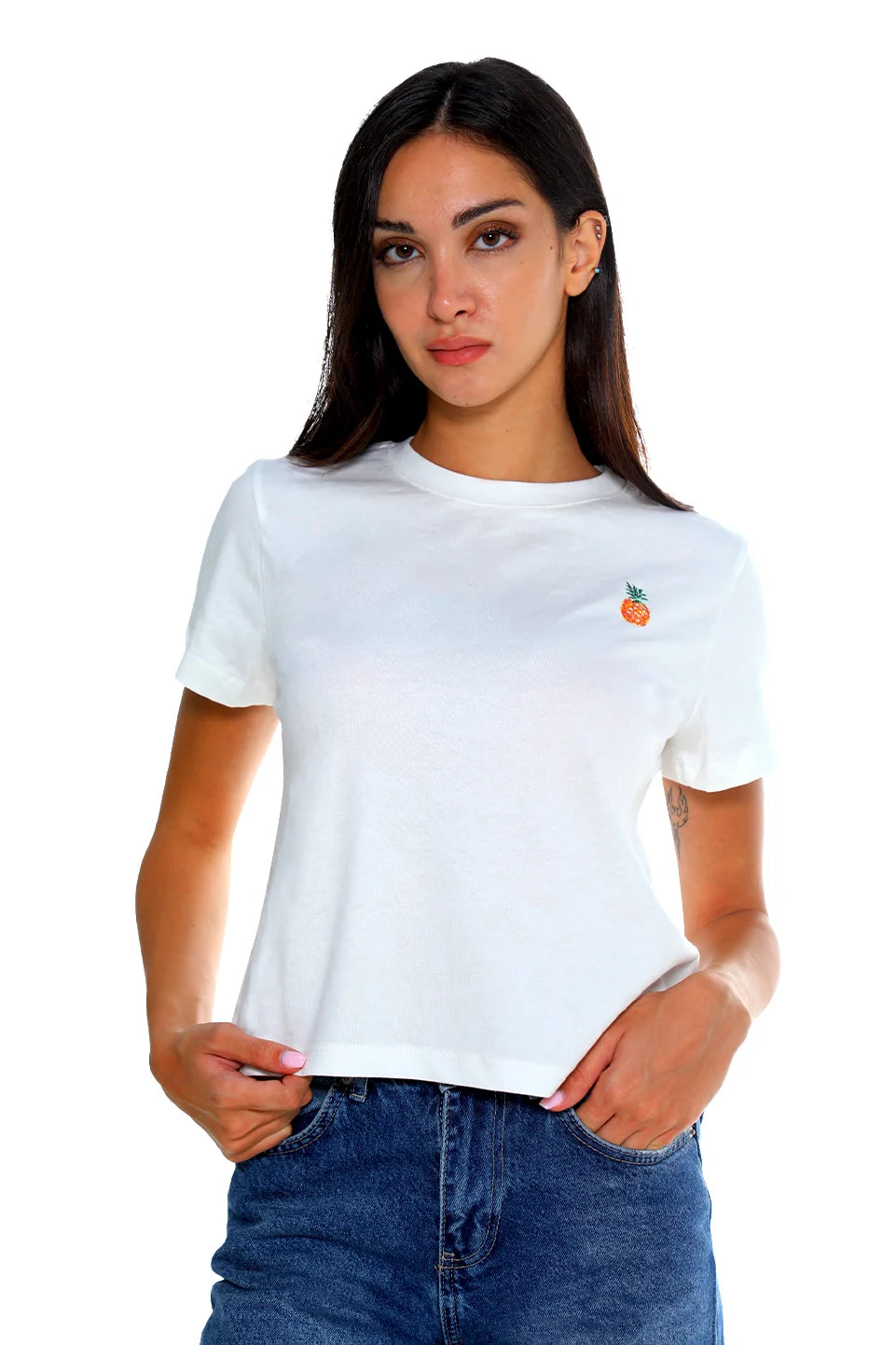 White Cotton T-shirt With Small Pineapple Design