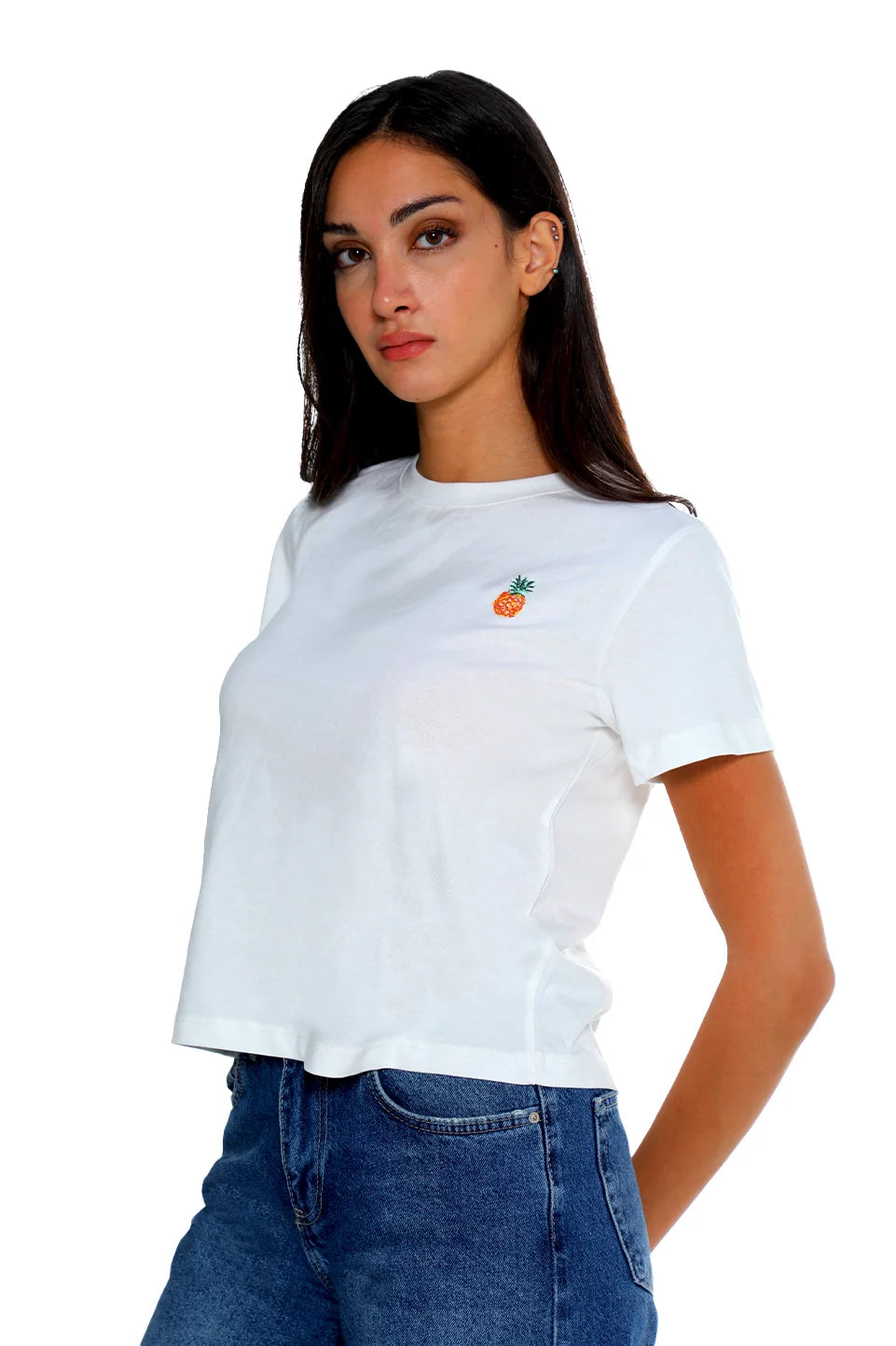 White Cotton T-shirt With Small Pineapple Design