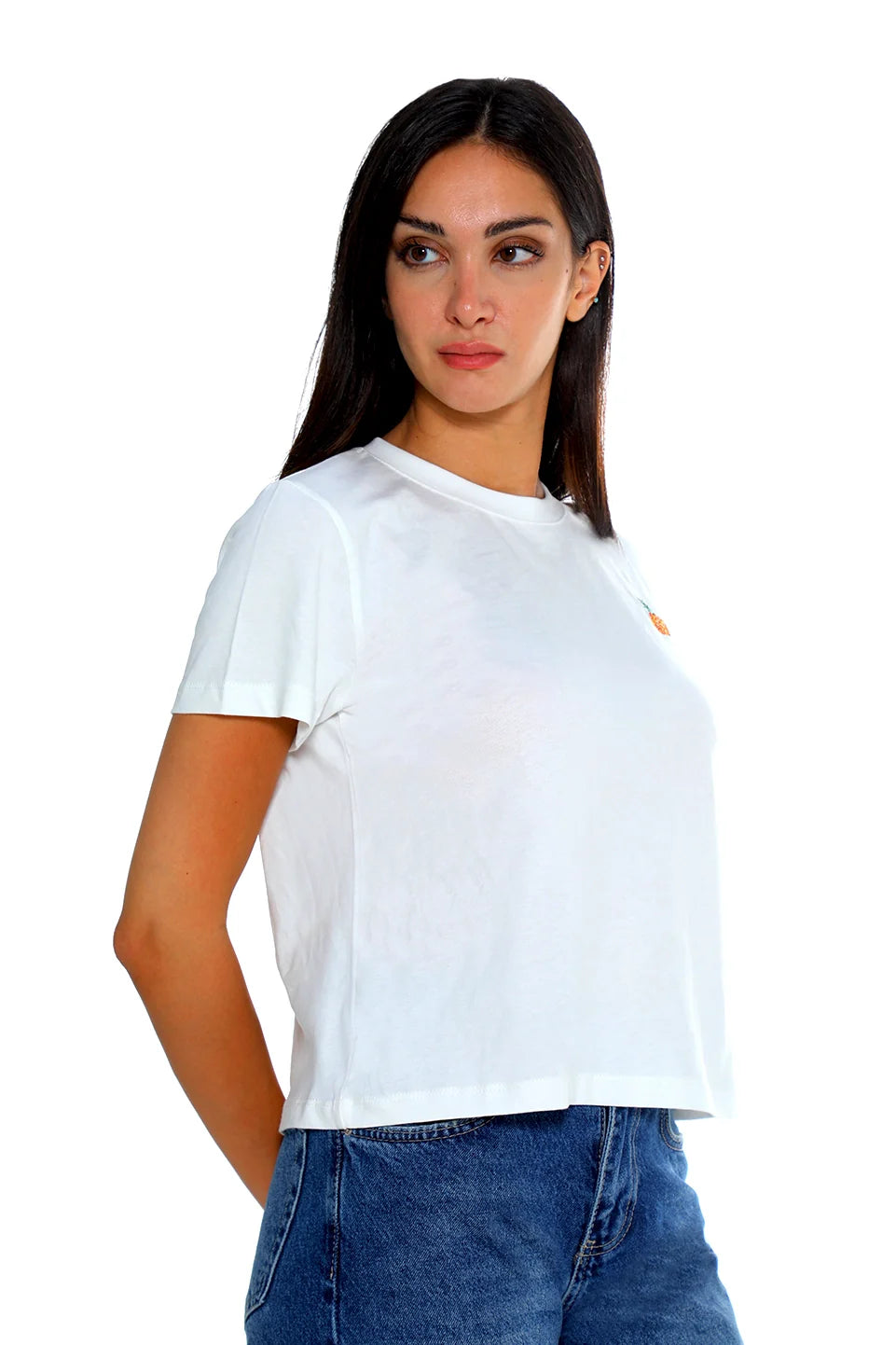 White Cotton T-shirt With Small Pineapple Design