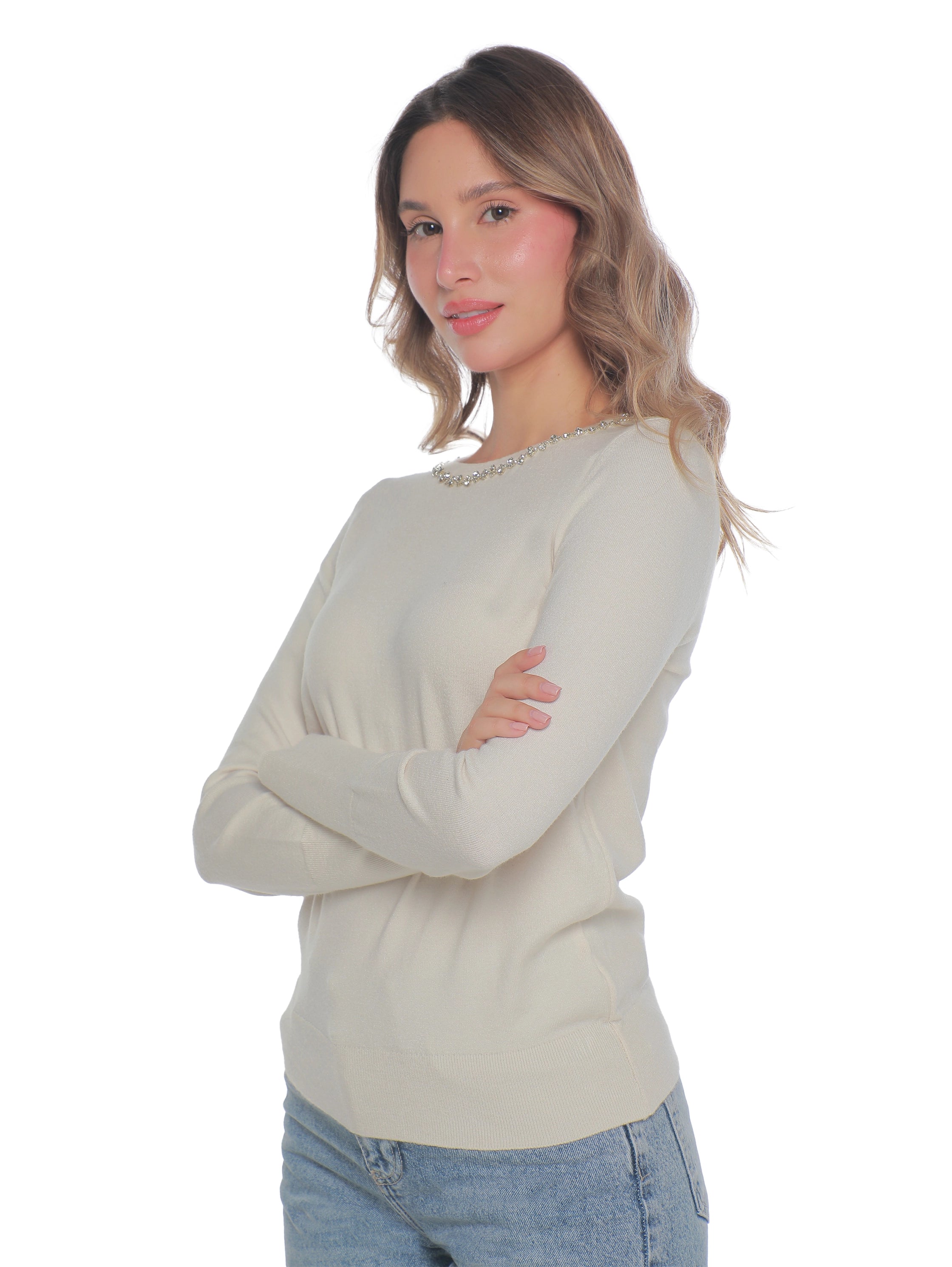 Beige Soft Pullover With Necklace Attached Design
