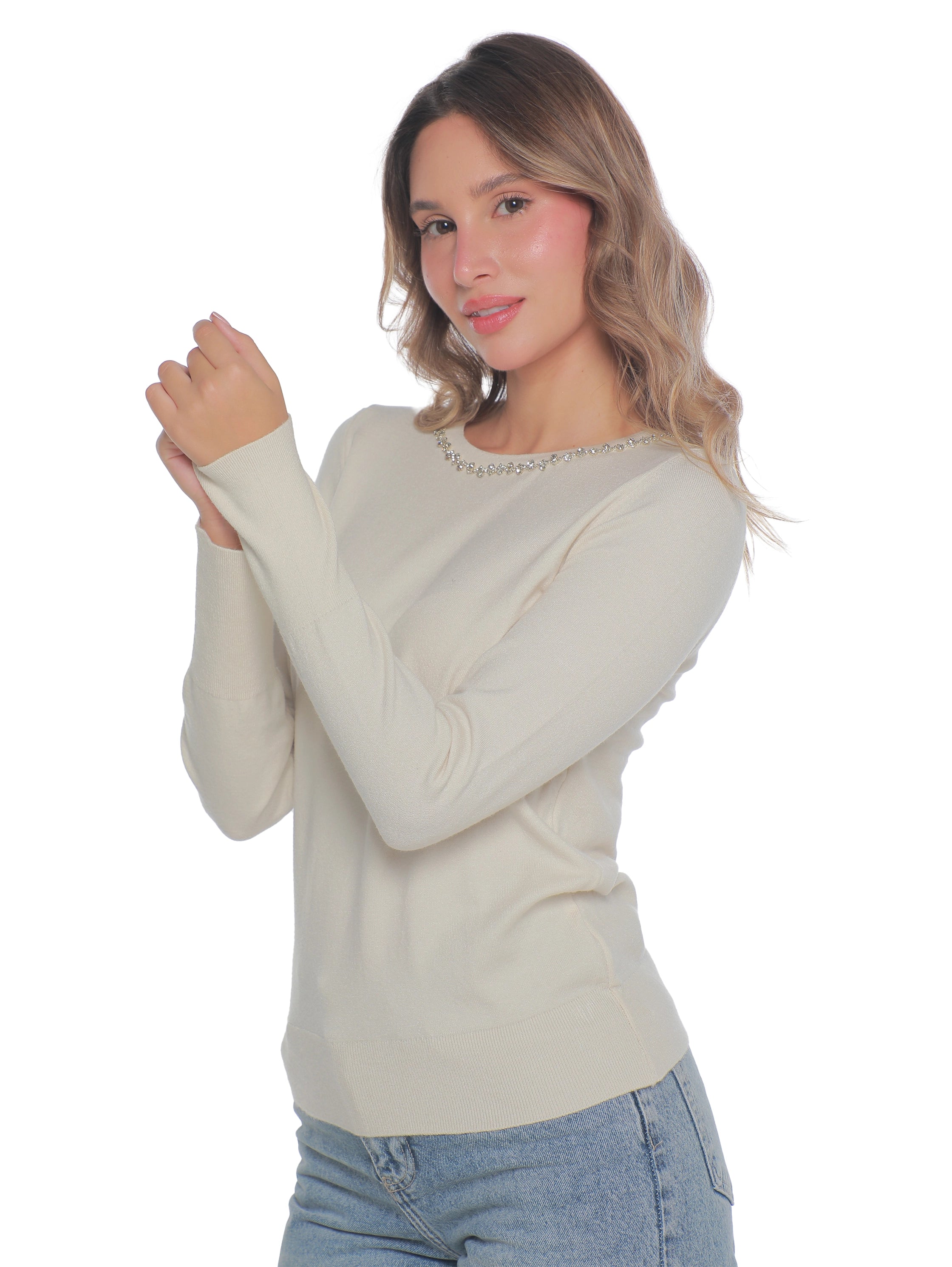Beige Soft Pullover With Necklace Attached Design