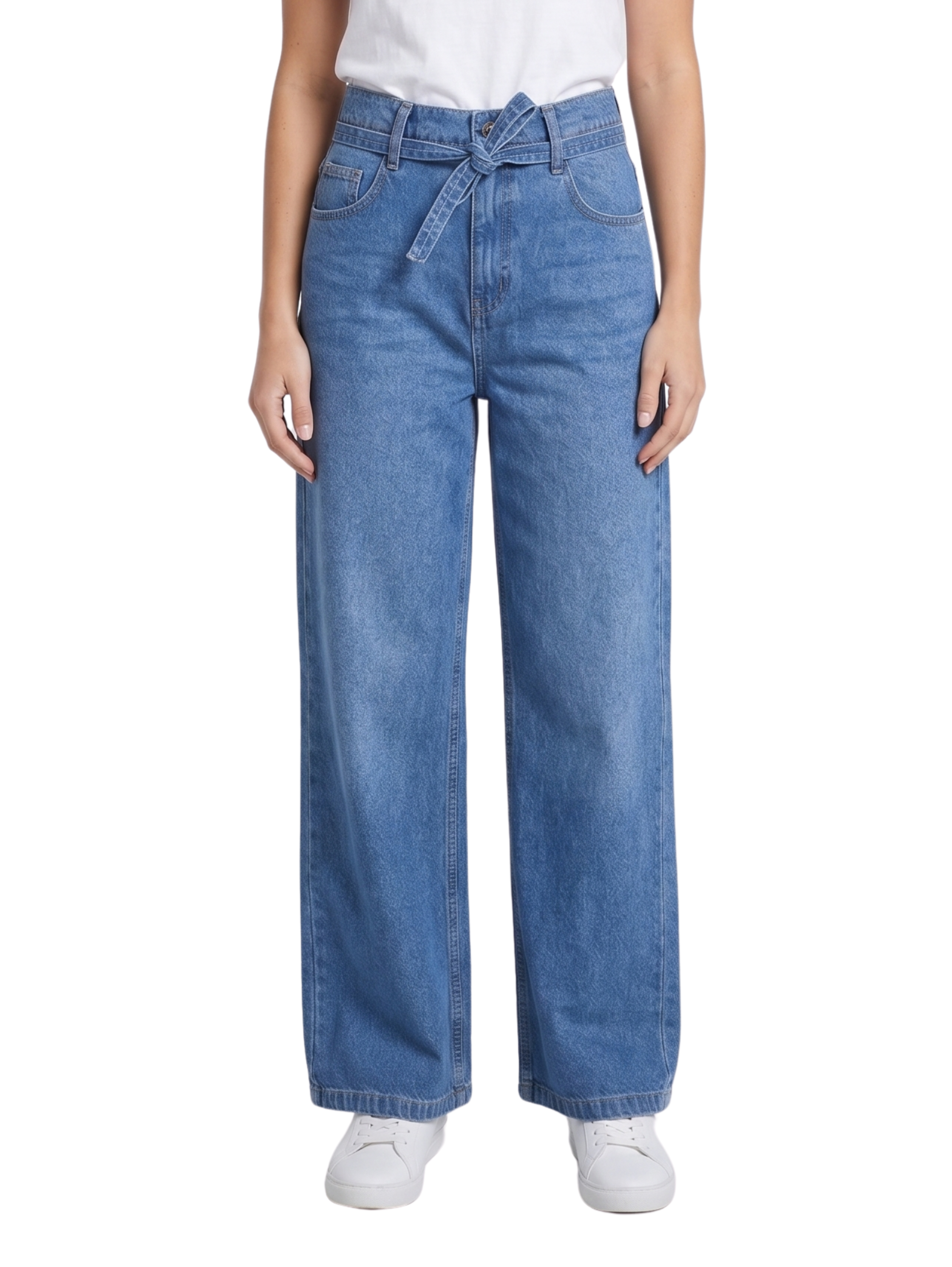 Blue High Waist Wide Leg Jeans With Denim Belt Design