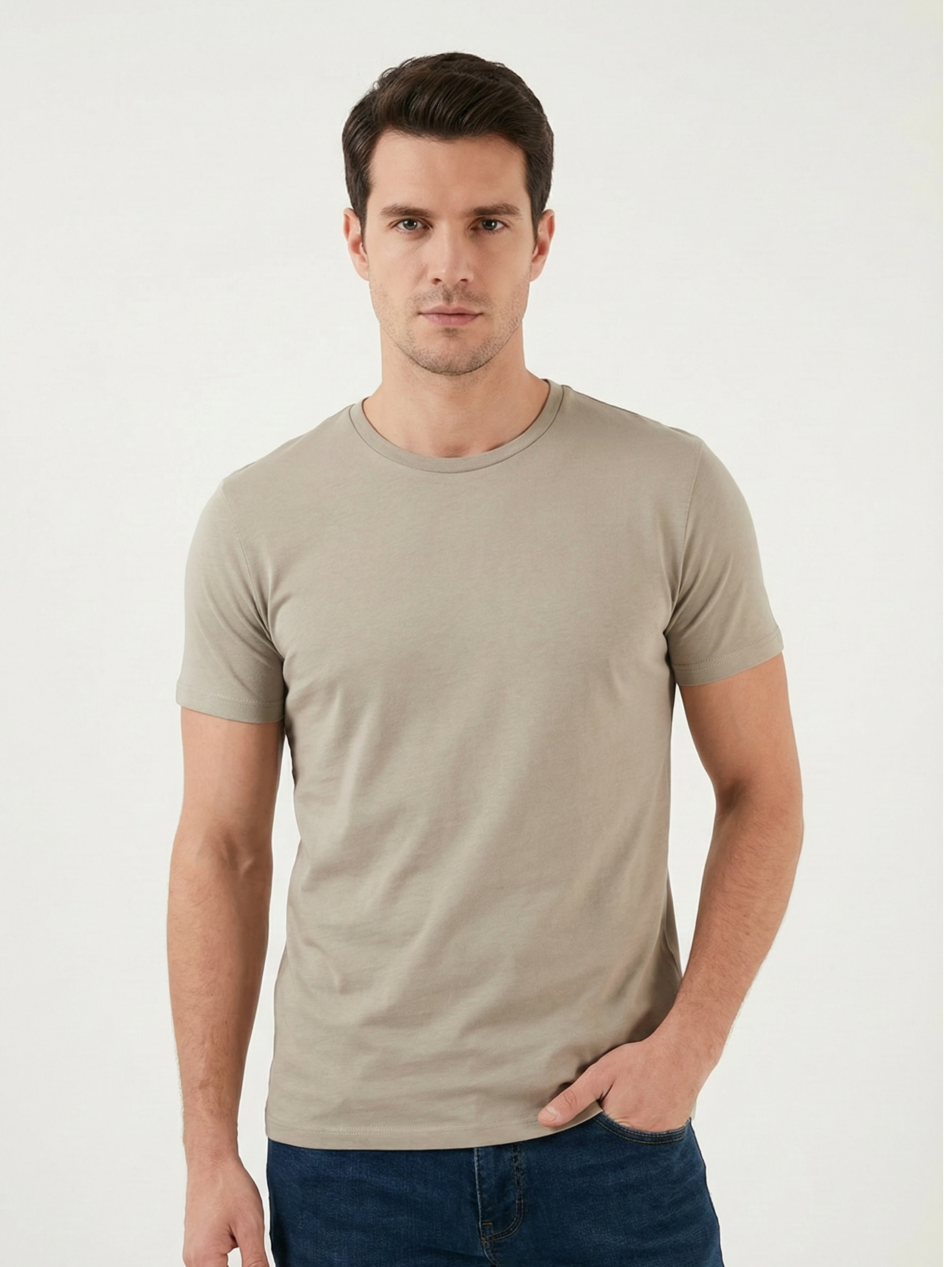 Light Khaki Jack Dapper Short Sleeved Basic T-shirt With Round Neck