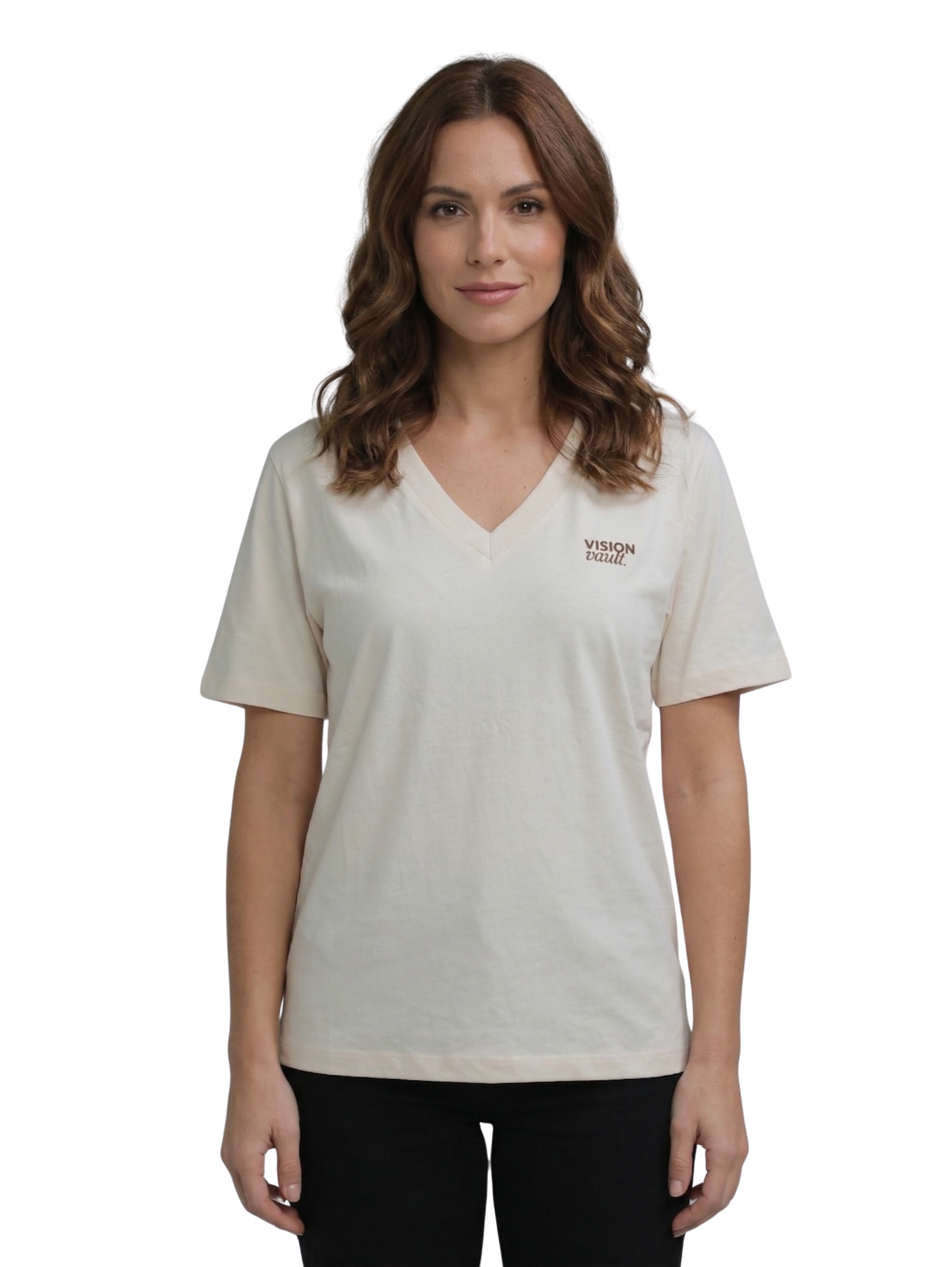 Beige V-neck T-Shirt With Small Front Design