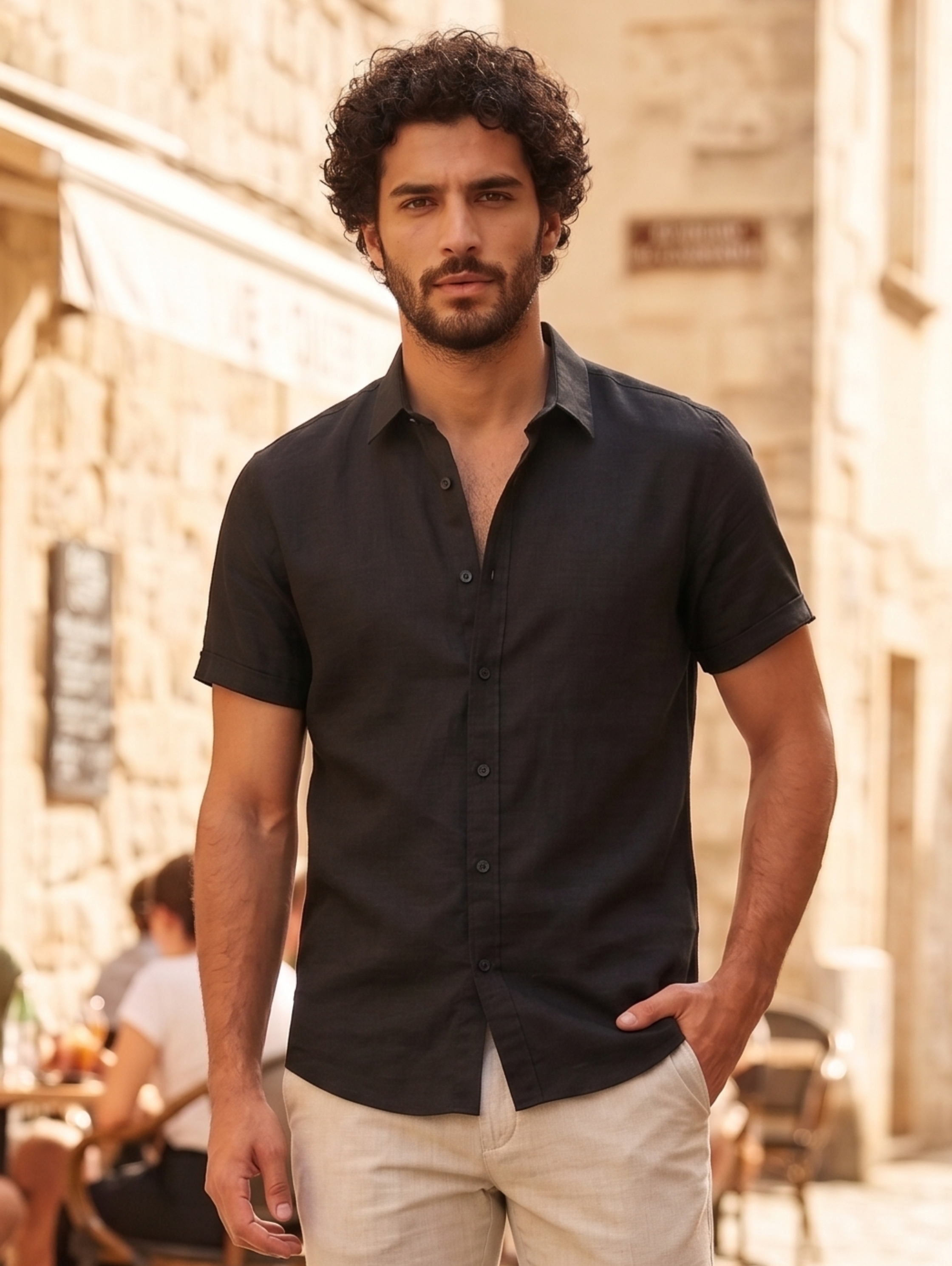 Black Short Sleeved Linen Shirt