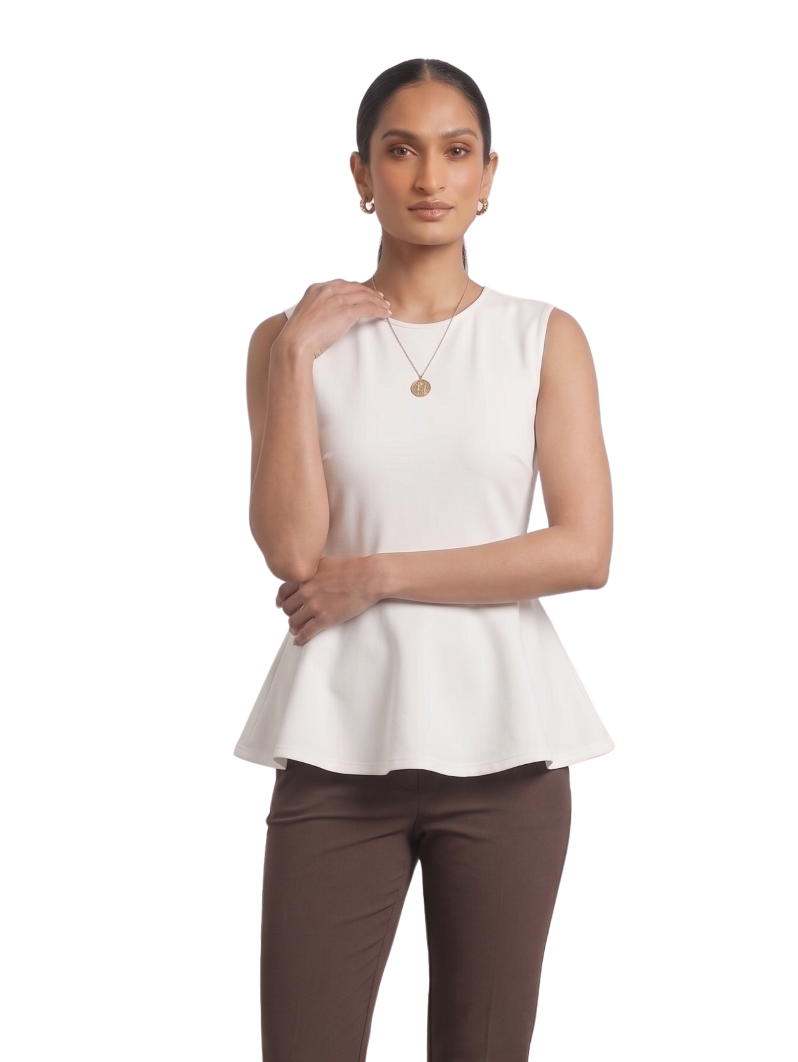 White Sleeveless Peplum Top With Round Crew neckline