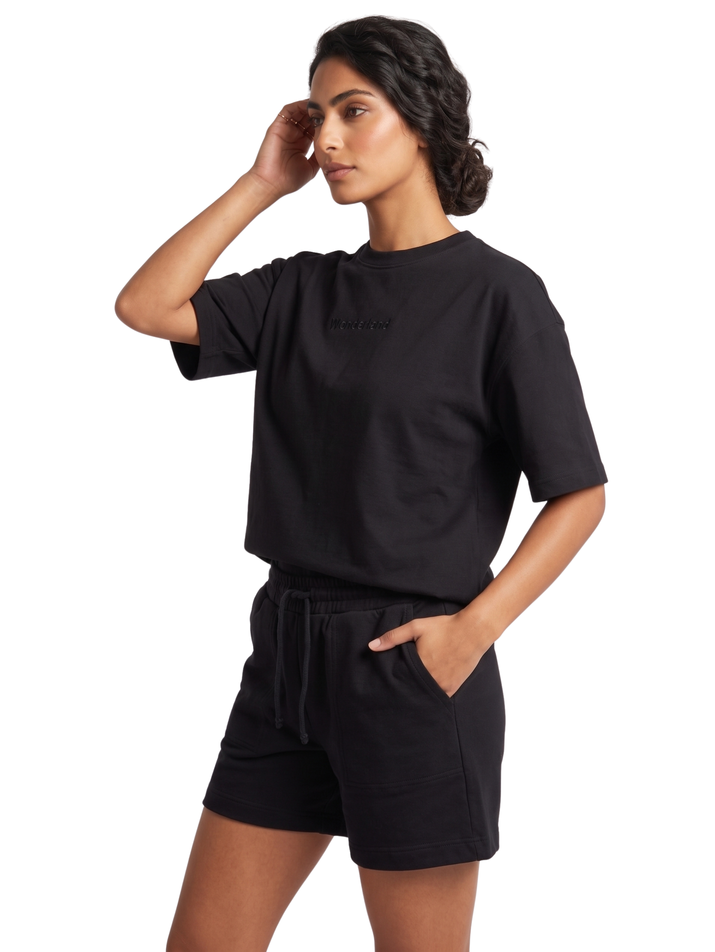 Black Two Piece Short Set With High Crew Neck