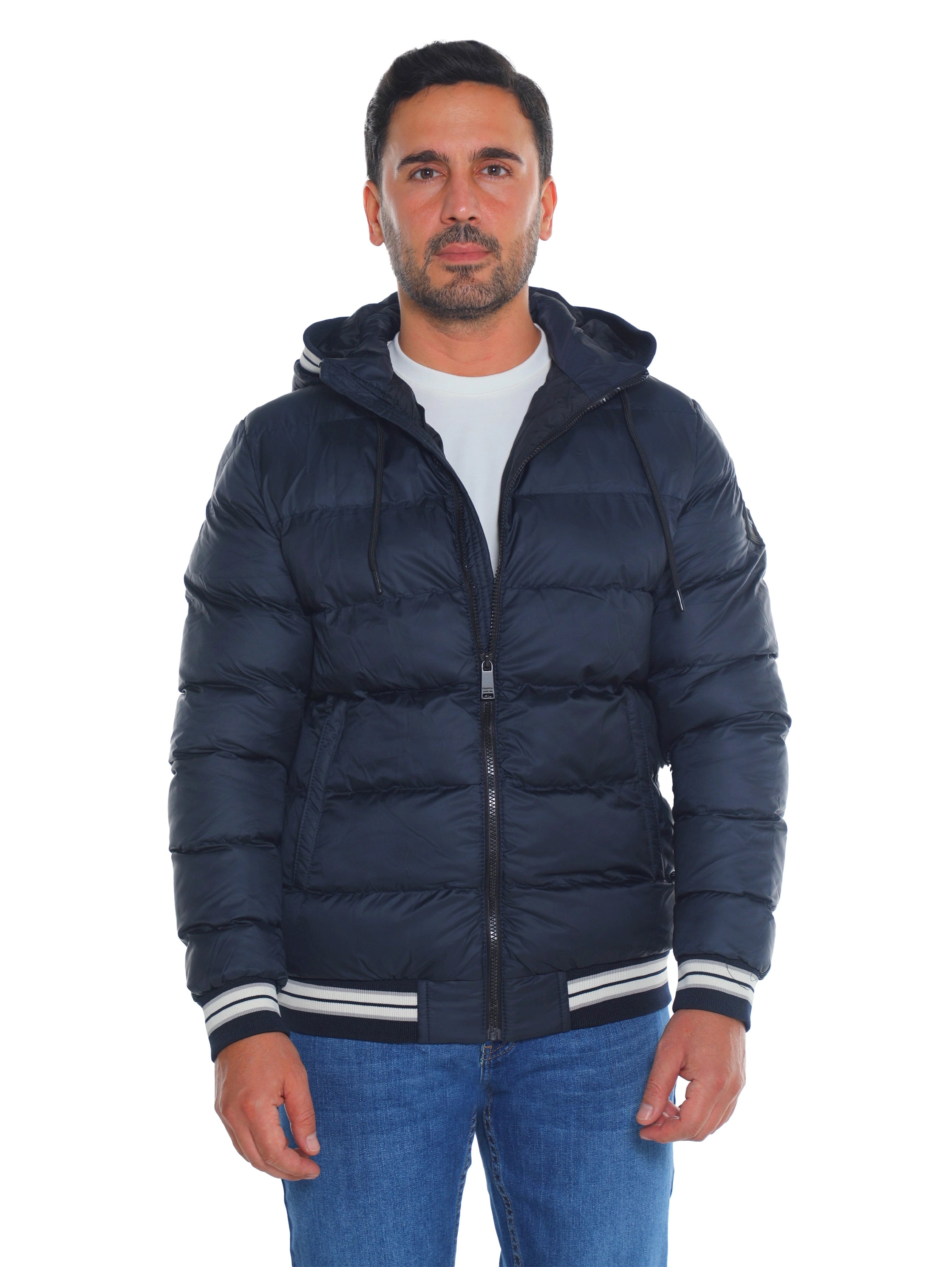 Navy Padded Puffer Jacket With Front Zip Closure