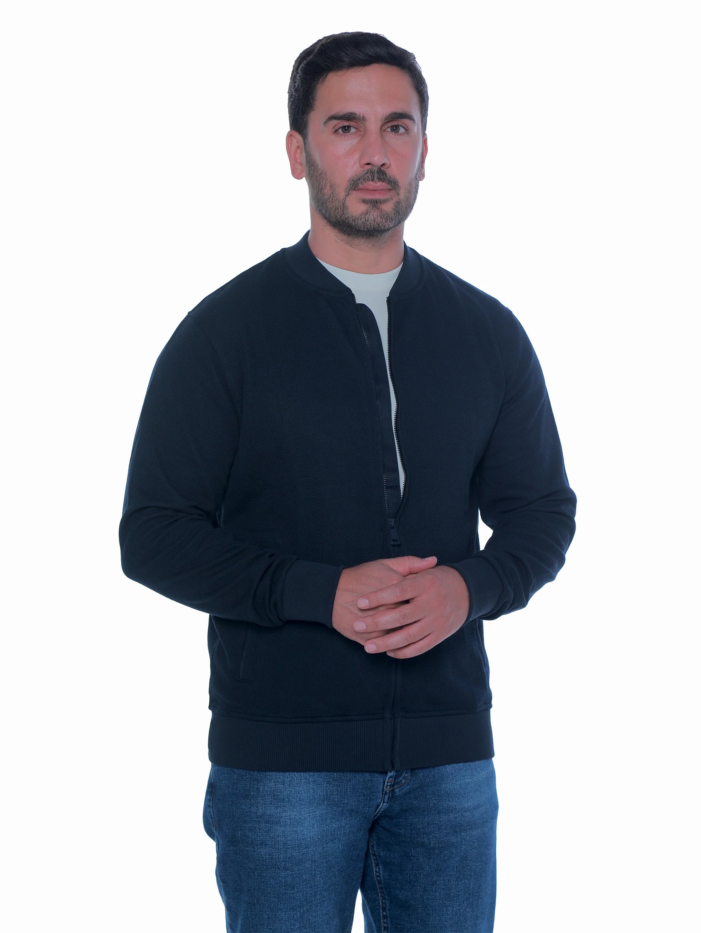 Zippered Navy Jacket With Side Slanted Pockets