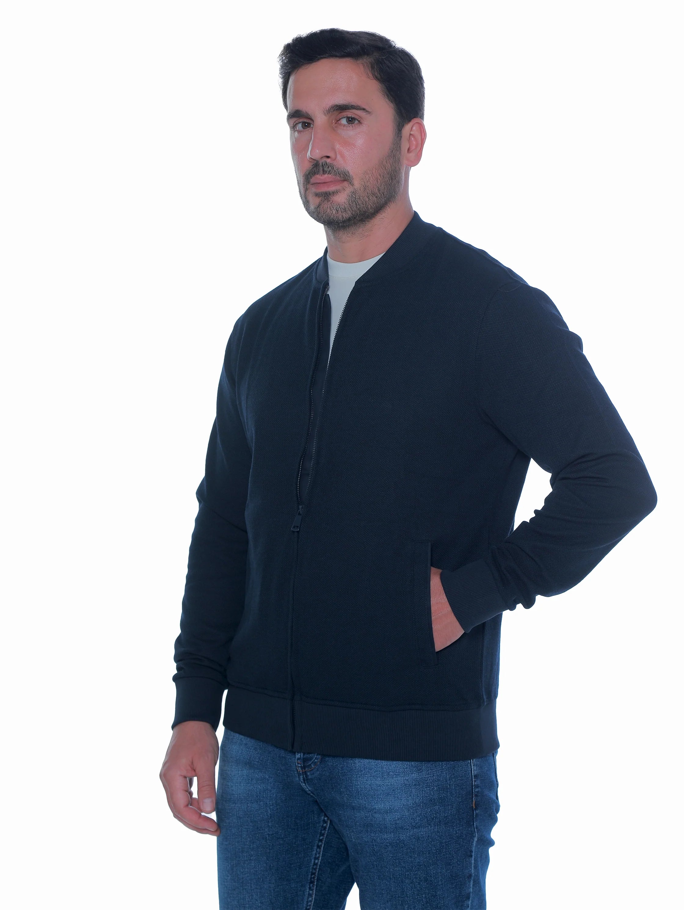 Zippered Navy Jacket With Side Slanted Pockets