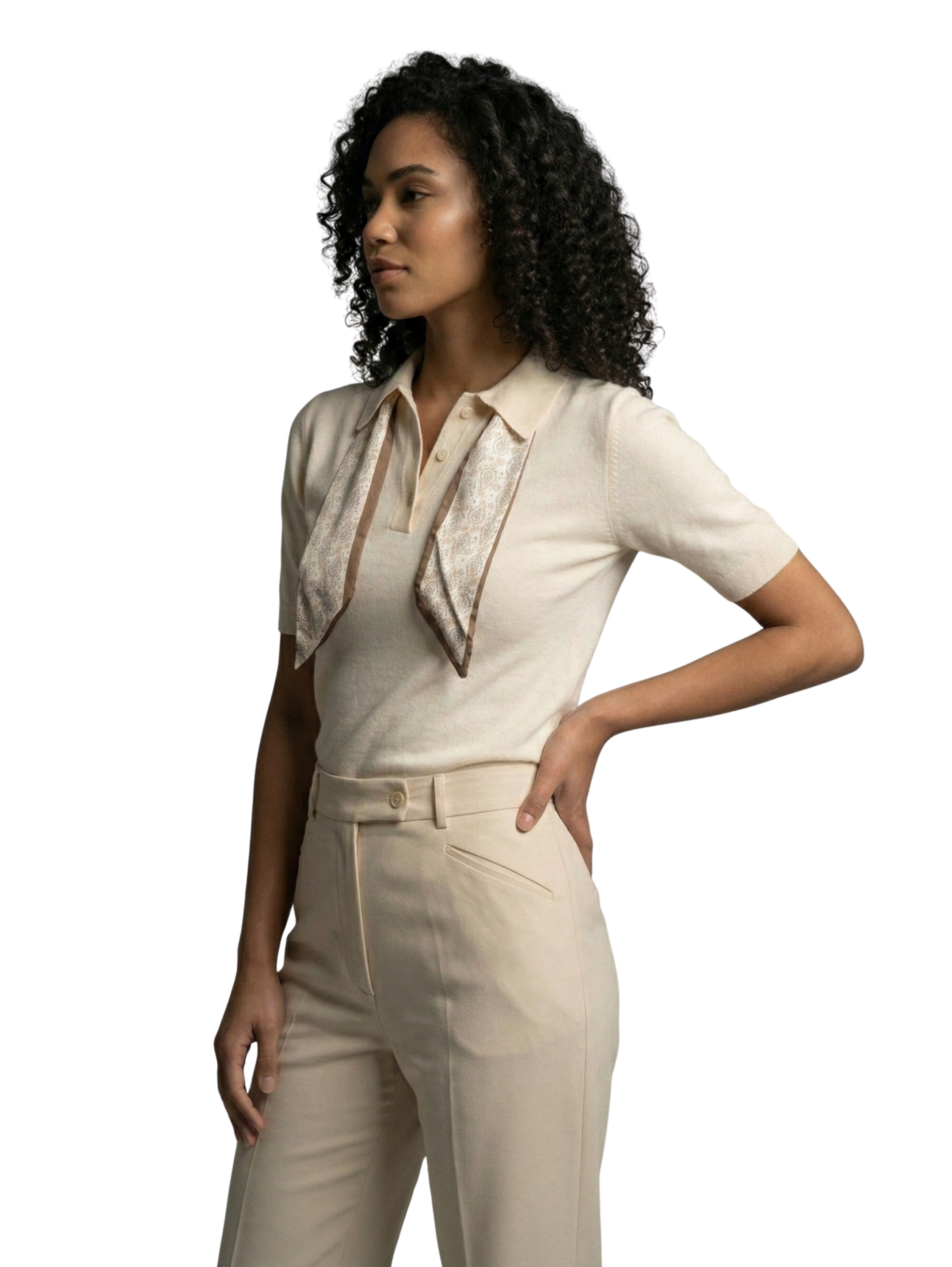 Short Sleeve Beige Pullover with Tiny Scarf in Collar