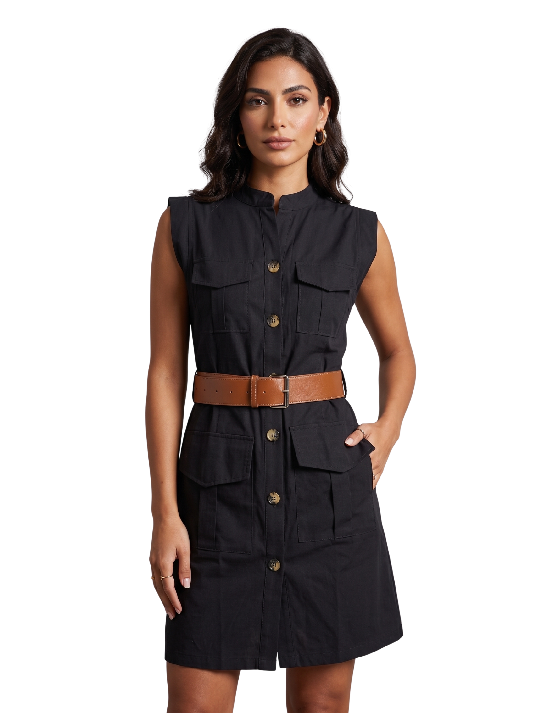 Black Sleeveless Shirt Mini Dress With Belt