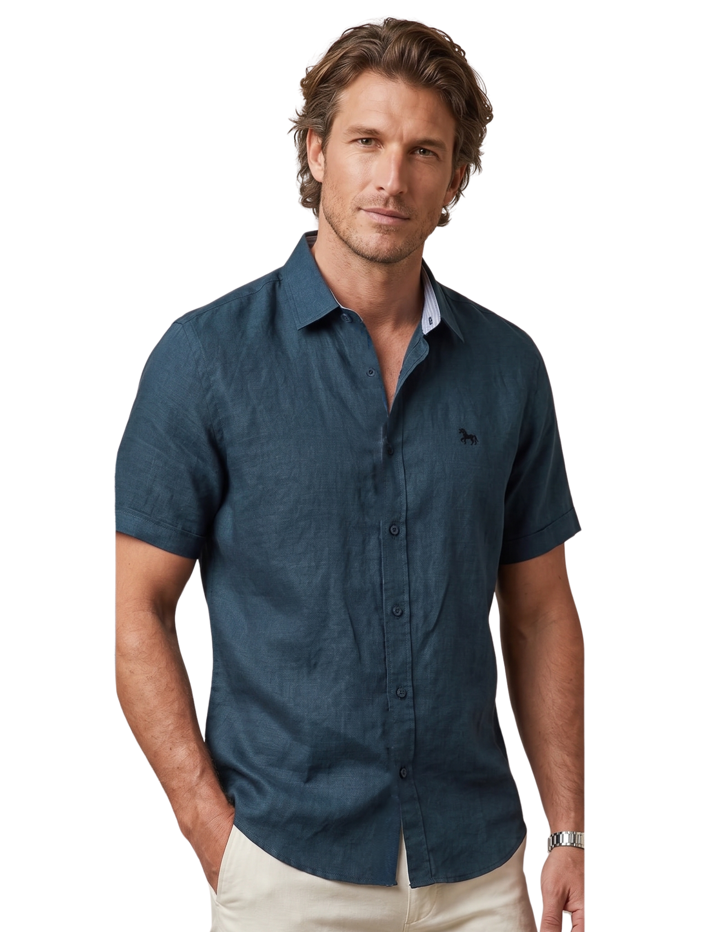 Navy Short Sleeved Linen Shirt