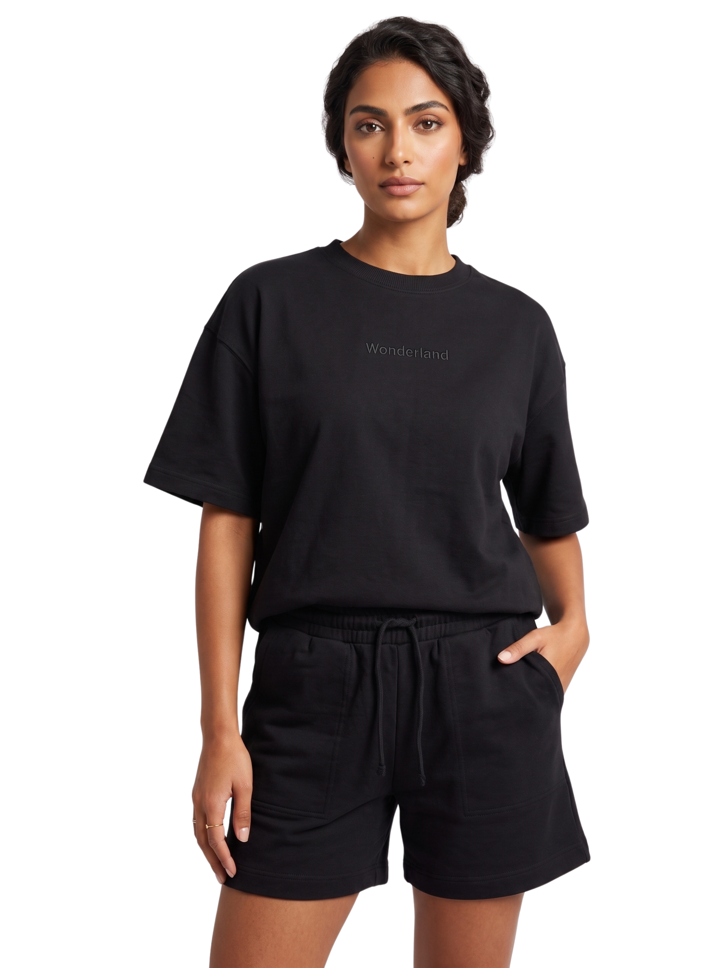 Black Two Piece Short Set With High Crew Neck