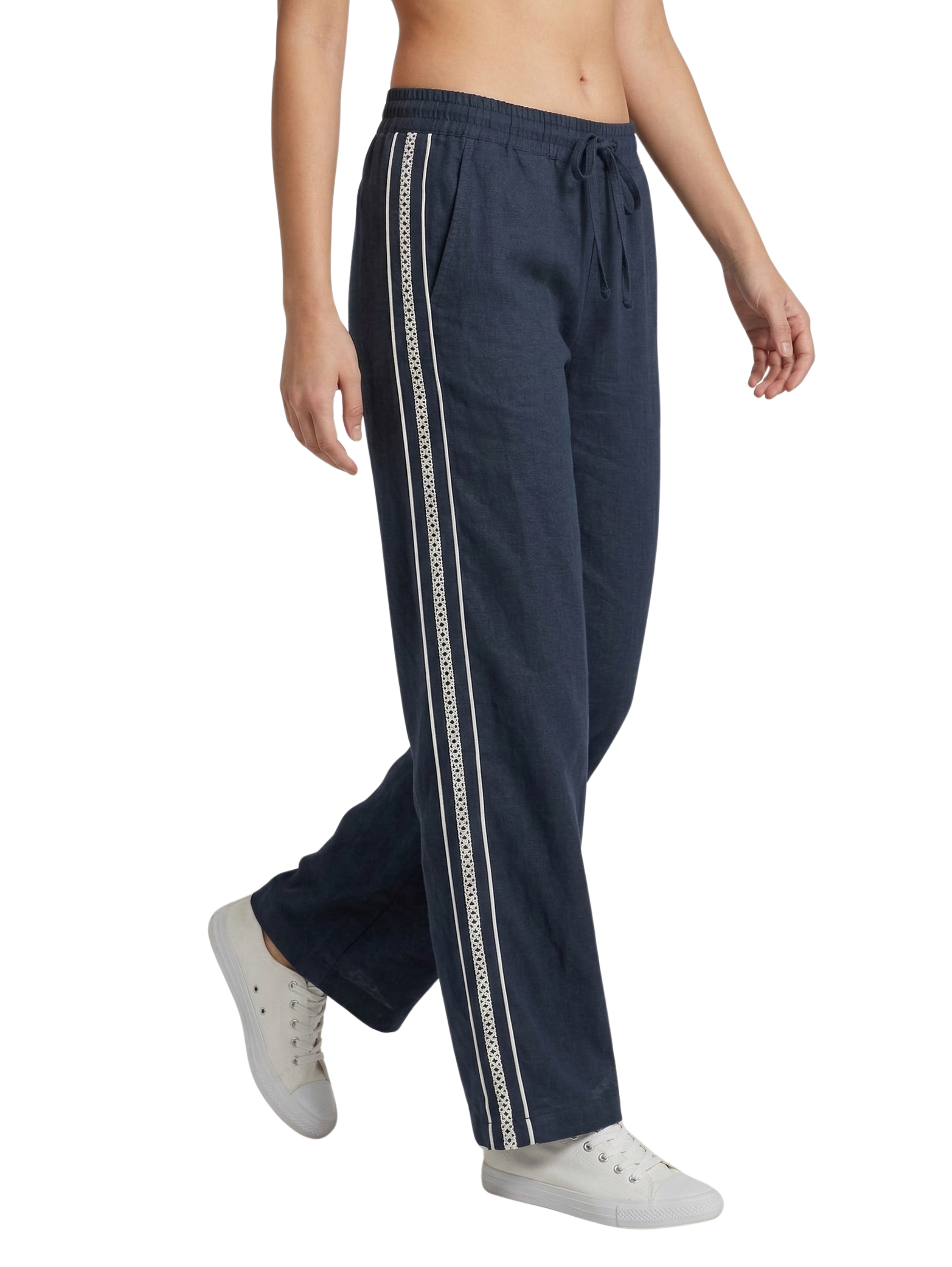 Navy Pant With Elastic Waist And Contrast Side Line