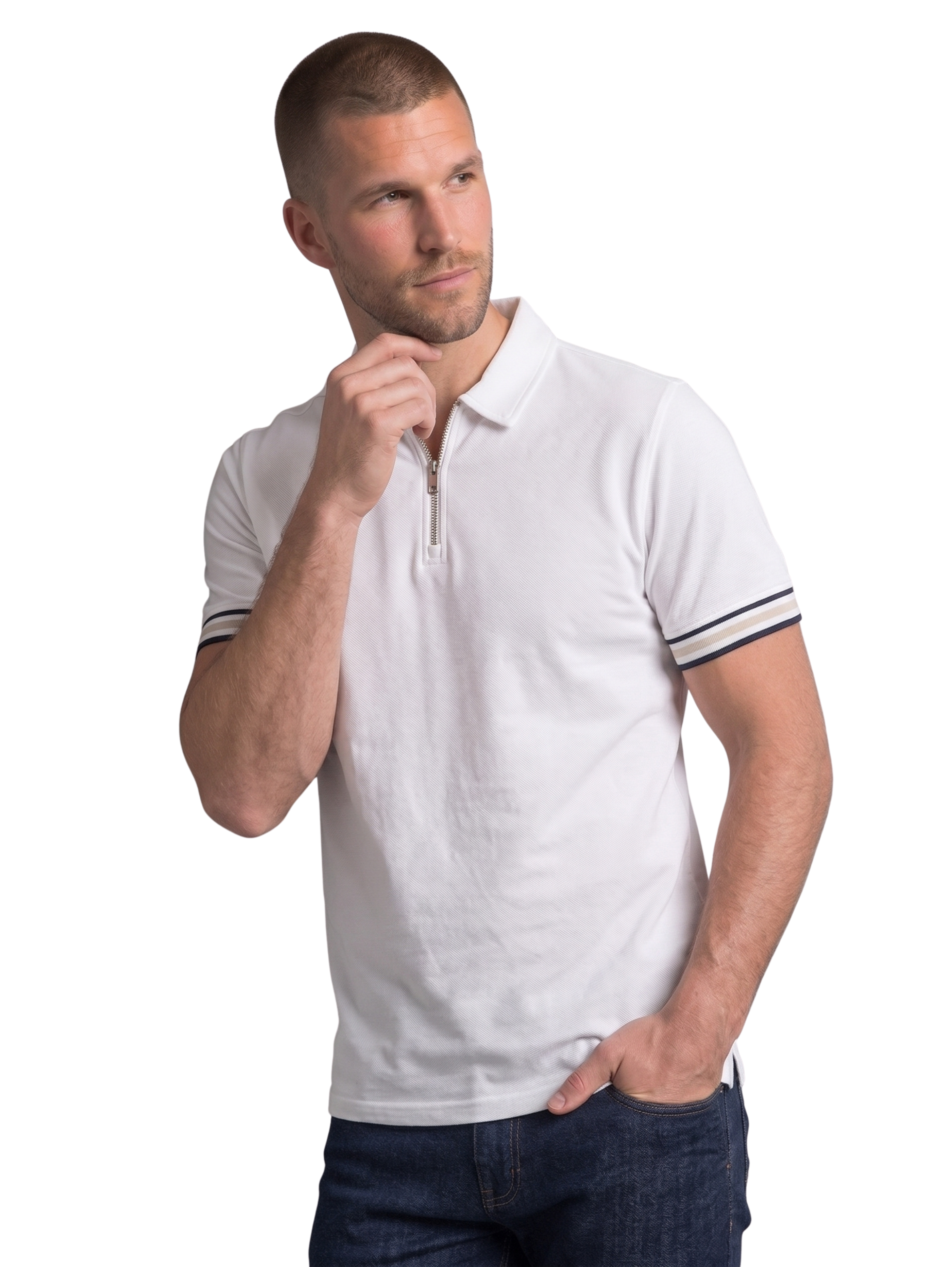 White Slim Fit Short Sleeved Polo With Zipper