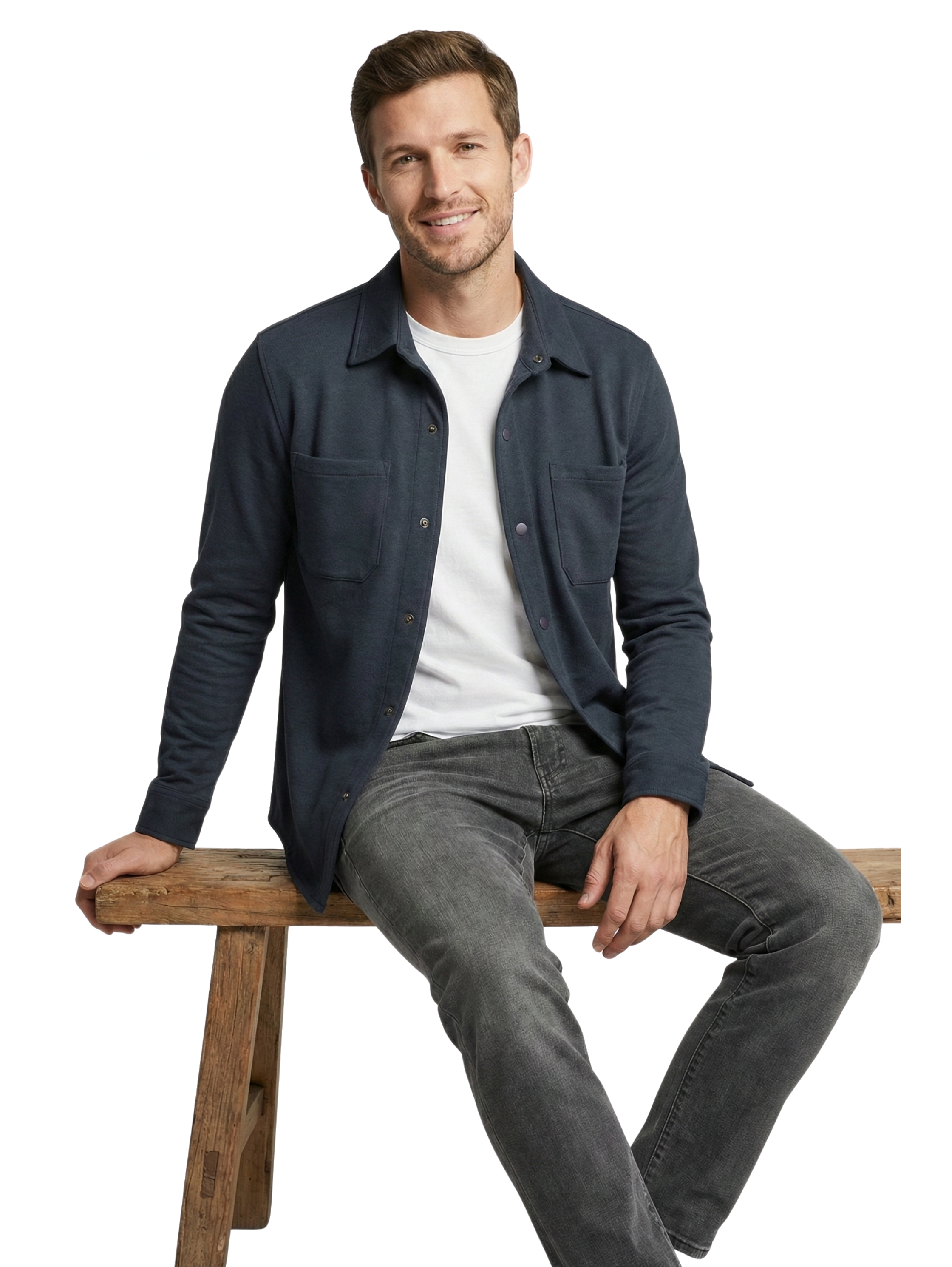 Long Sleeve Buttoned Navy Shirt With Chest Attached Pockets