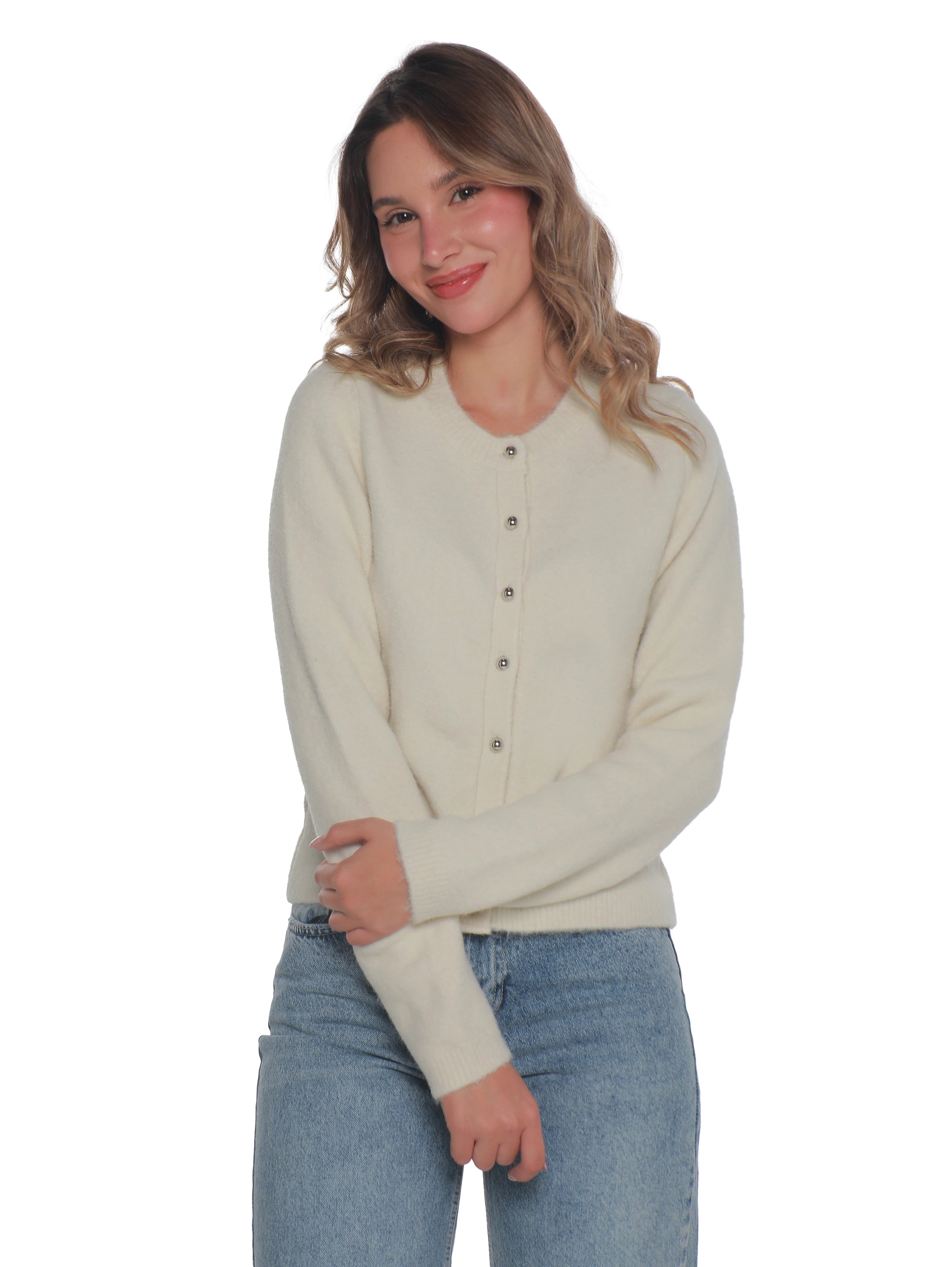 Round Neck Off white Pullover With Button To Close